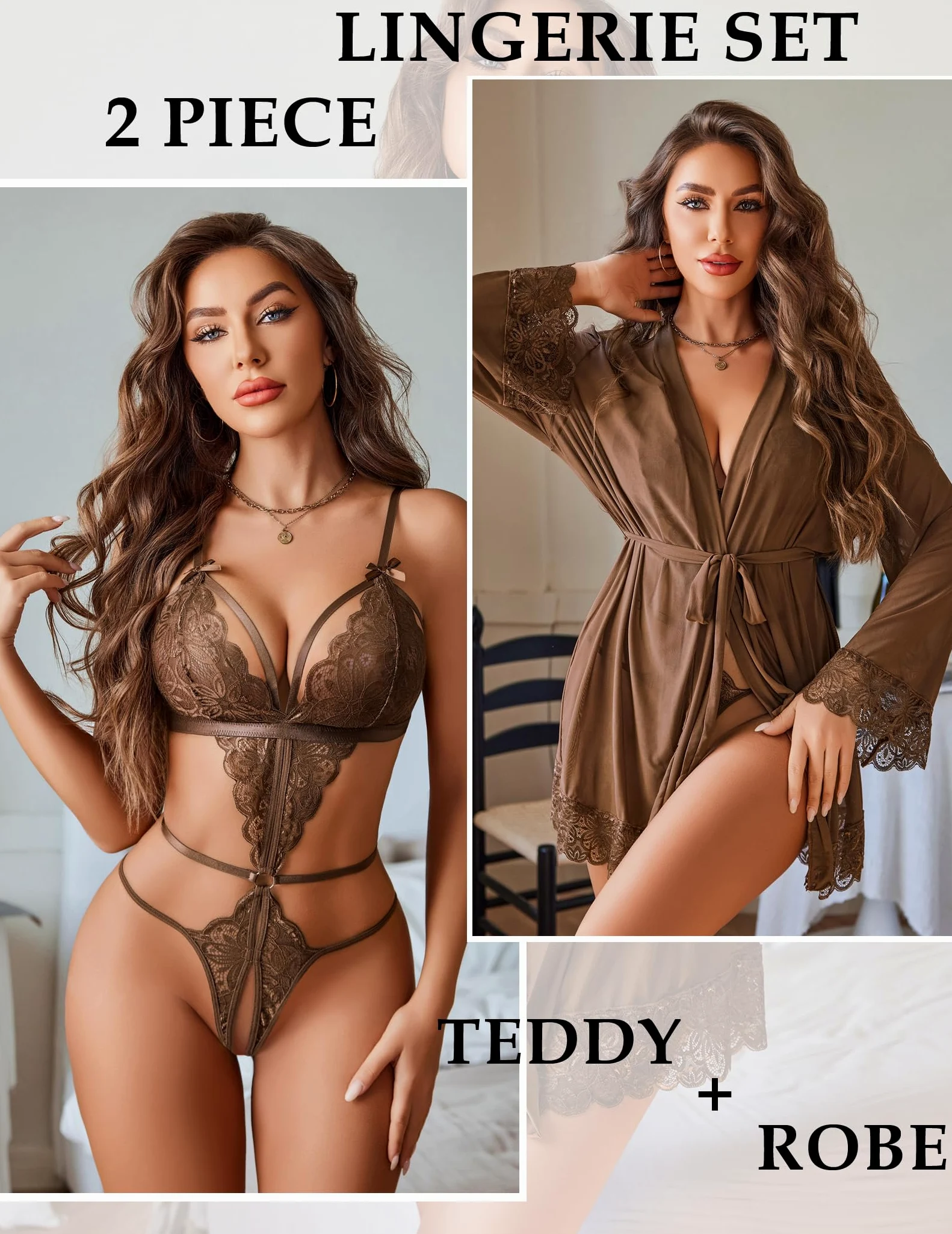 Conjunto de lencería sexy para mujer, 2 piezas, body de encaje con bata kimono de malla | Cuello en V profundo, correas ajustables, babydoll transparente, boda, luna de miel, S-XXL