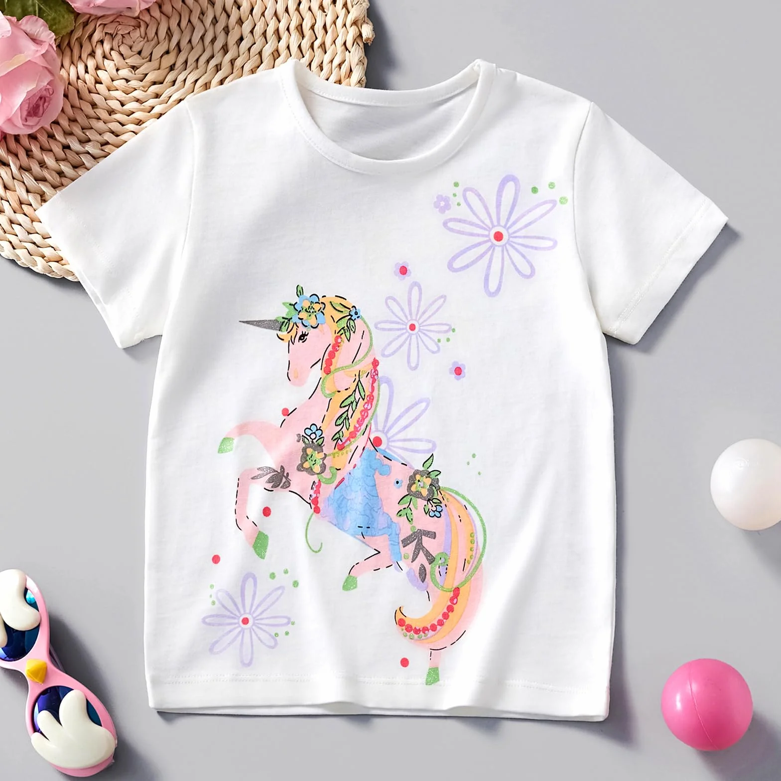 Camisetas de Manga Corta para Niñas T-Shirts Algodón de Unicornio Ropa de Verano para Niña 3-8 Años