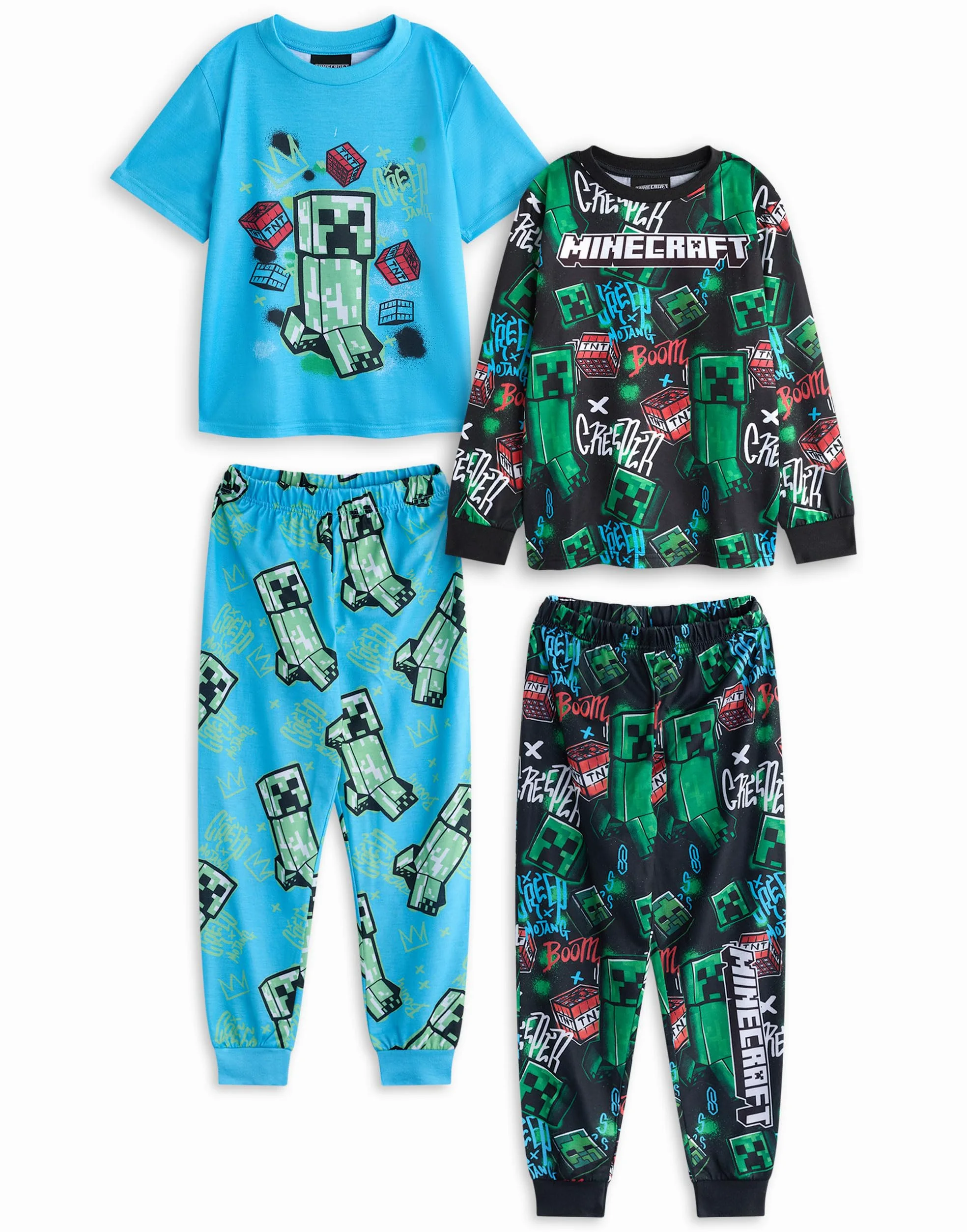 Minecraft Conjunto de Pijama para niños, Paquete de 2 | Pack múltiple de Pijamas para niño con Estampado Integral de Grafiti Multicolor | Tops y Partes Inferiores TNT y Creeper