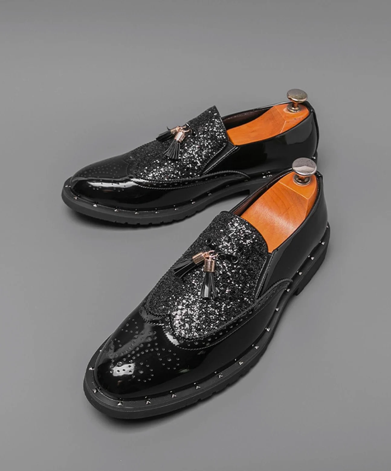 Mocasines de Charol con Purpurina para Hombre Zapatos de Vestir con Borlas Estilo Brogue Brillantes para Boda Fiesta