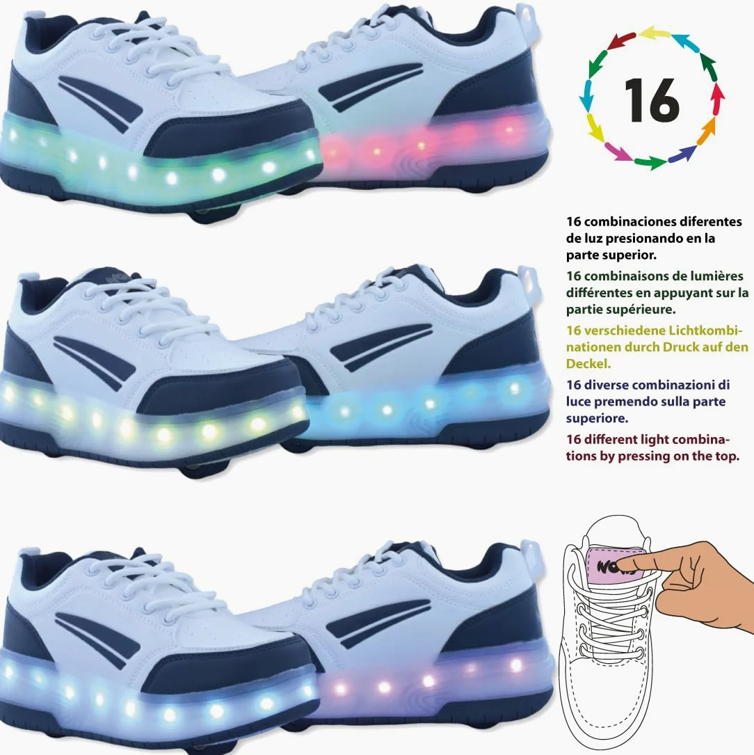 Zapatillas Deportivas con Dos Ruedas y Luces LED. Recargables, 16 Efectos de Luces. Rueda Trasera automática. Blanco/Azul Oscuro. Talla 35