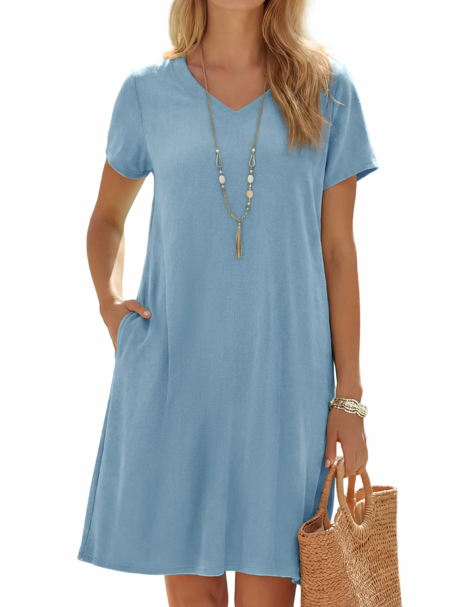 Vestido Lino Mujer Manga Corta Cuello V Midi Playa Bolsillos