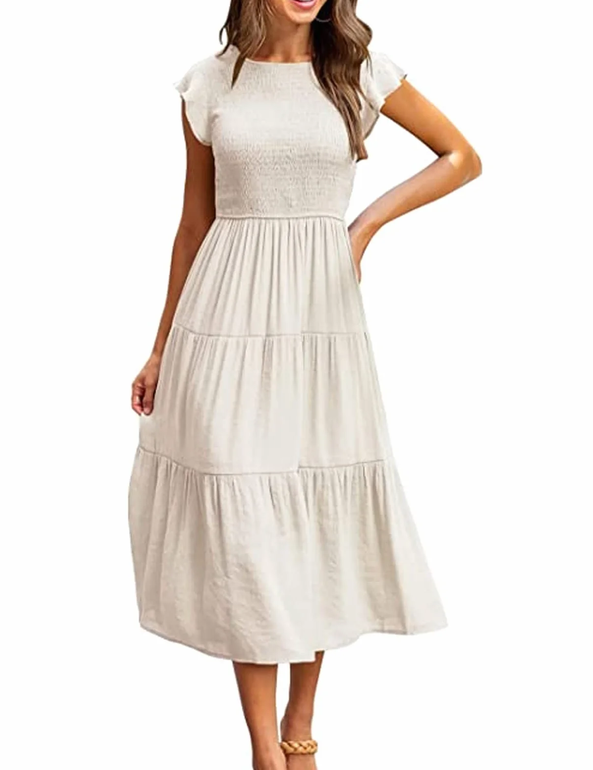 Yuson Mujer Vestido Largo Verano Cuello Redondo Manga Volante Elegante hasta la Rodilla Playa Elástico Casual