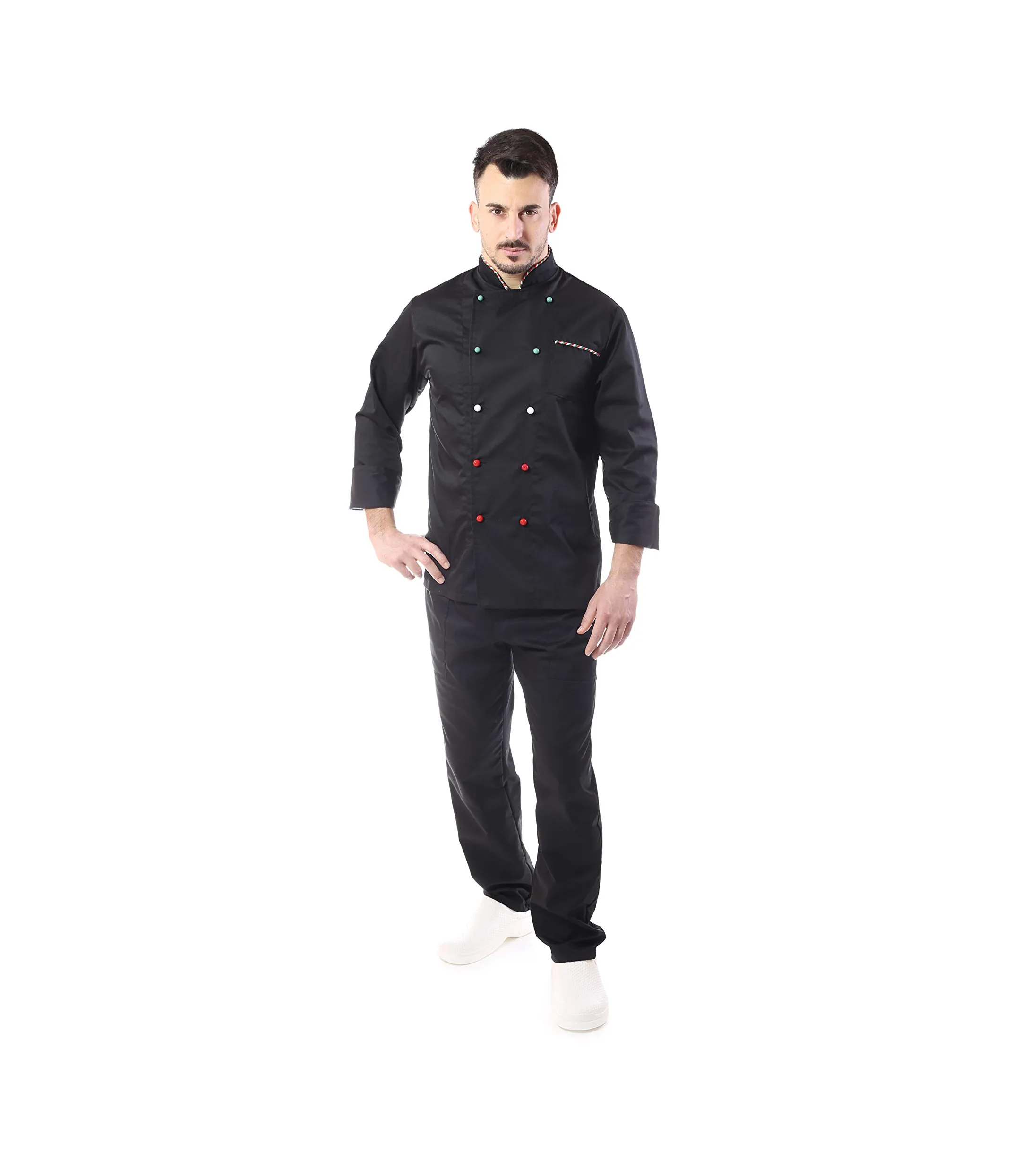Ricamo - Conjunto de cocinero para hombre - Negro, tricolor - Divisa Chef - Chaqueta, pantalones y delantal - Uniforme para cocina y restaurante