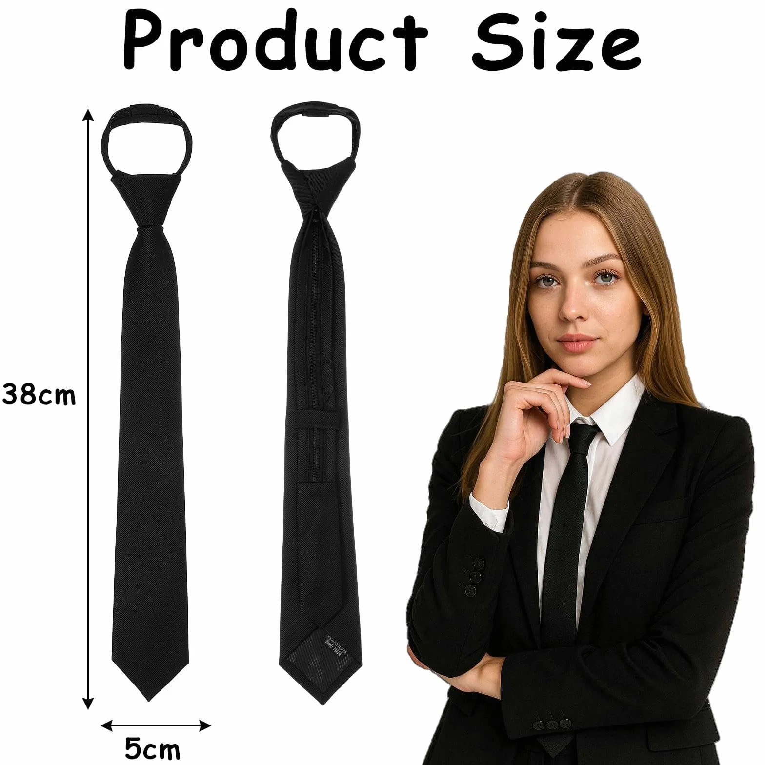 Corbata negra para mujer, corbatas preatadas de 38 cm, ajustables con cremallera, uniforme JK, para graduación y bodas