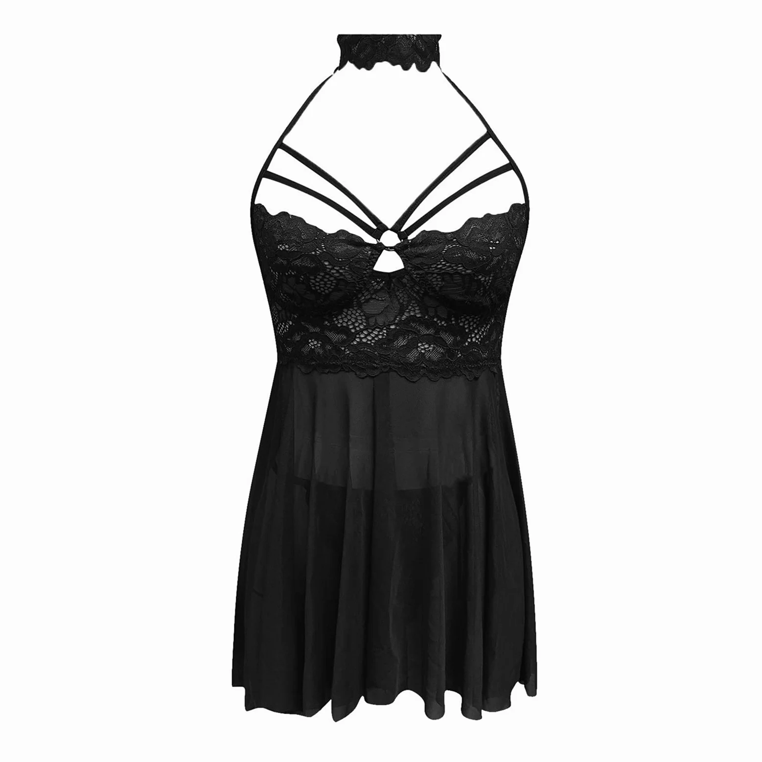 Lencería para mujer Conjunto de lencería con liga de malla transparente con encaje floral Camisón con cuello en V para mujer con tanga Traje para el hogar (Color: Rood, Tamaño: 2XL) (Zwart M)
