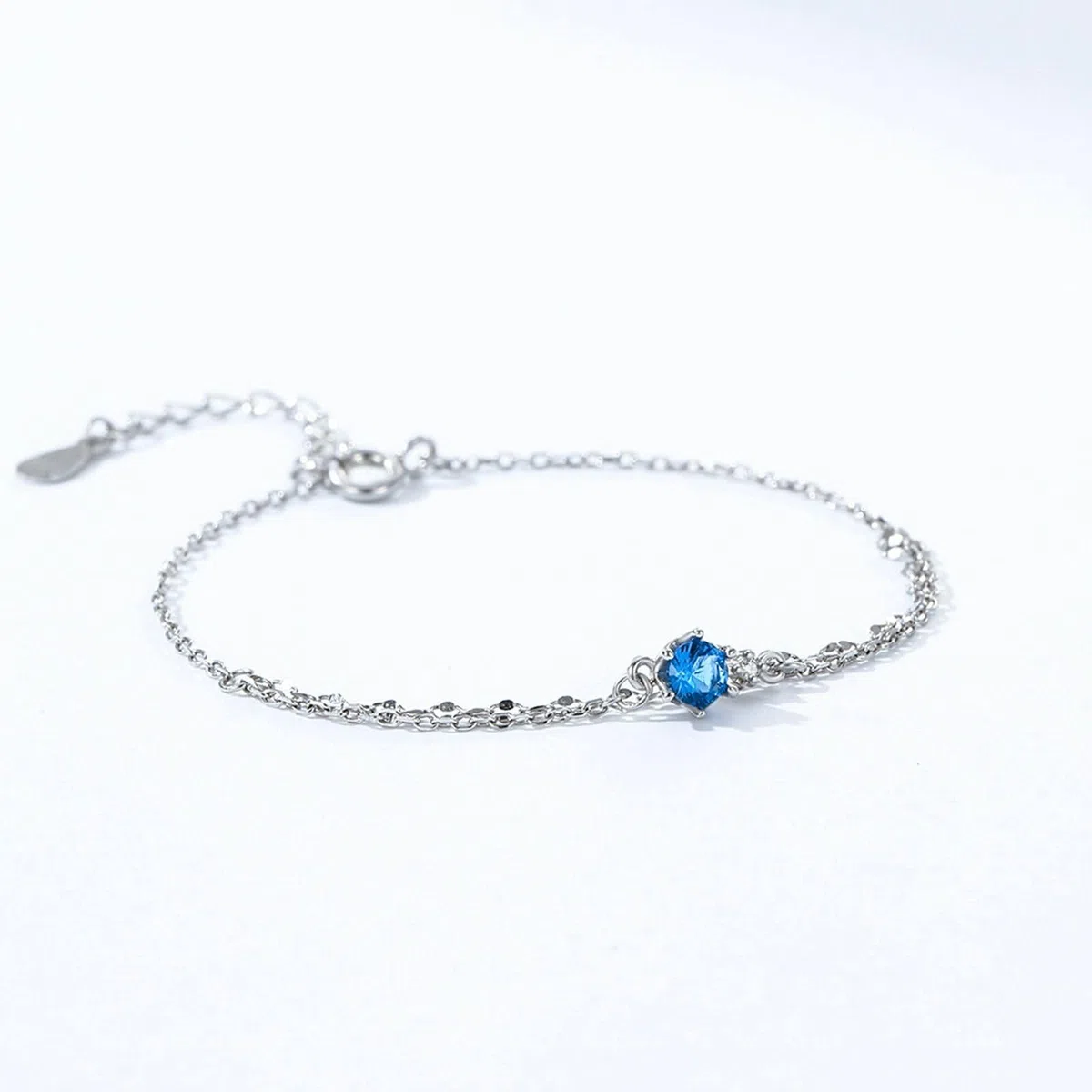Pulseras Oro Blanco 9K / 14K / 18K Mujer, Cadena Doble Capa con Topacio y Moissanita, Cadena Extensible 16 CM + 5 CM, Pulsera de Mujer Plata Azul