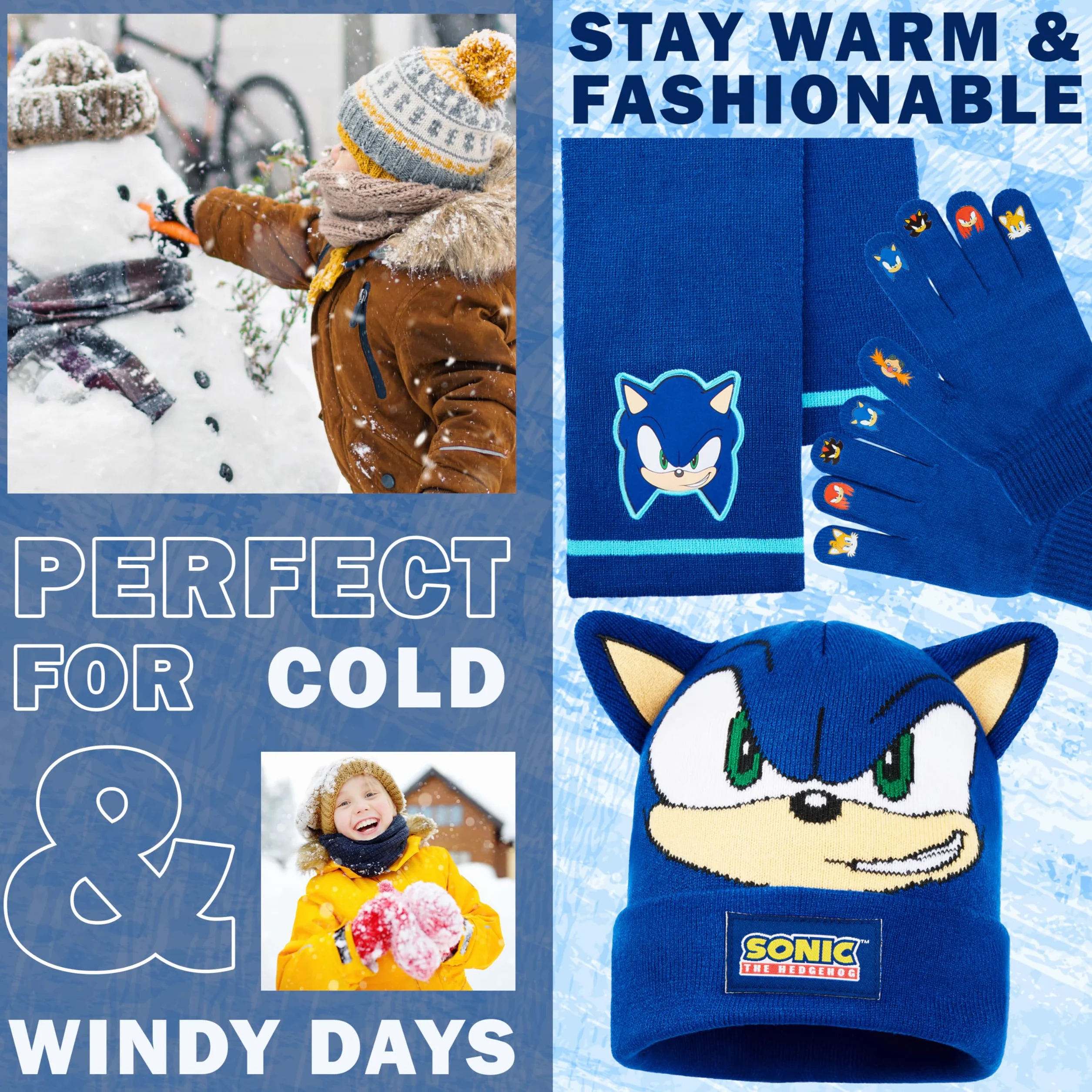Get Trend SONIC THE HEDGEHOG Conjunto Bufanda Gorro y Guantes Niño, Accesorios de Invierno Cálido para Fans, Regalo para Gamers