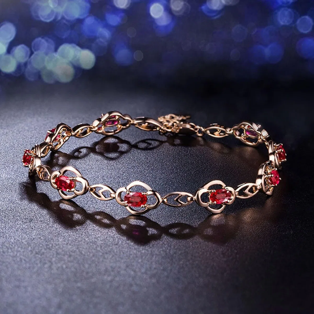 Pulseras de Mujer de Oro Rosa de 9 Kilates / 14 Kilates / 18 Kilates, Hueco y Oval con Rubí y Diamante, Cadena Extensible 16 CM + 5 CM, Pulseras de Mujer Ajustable de Oro Rosa