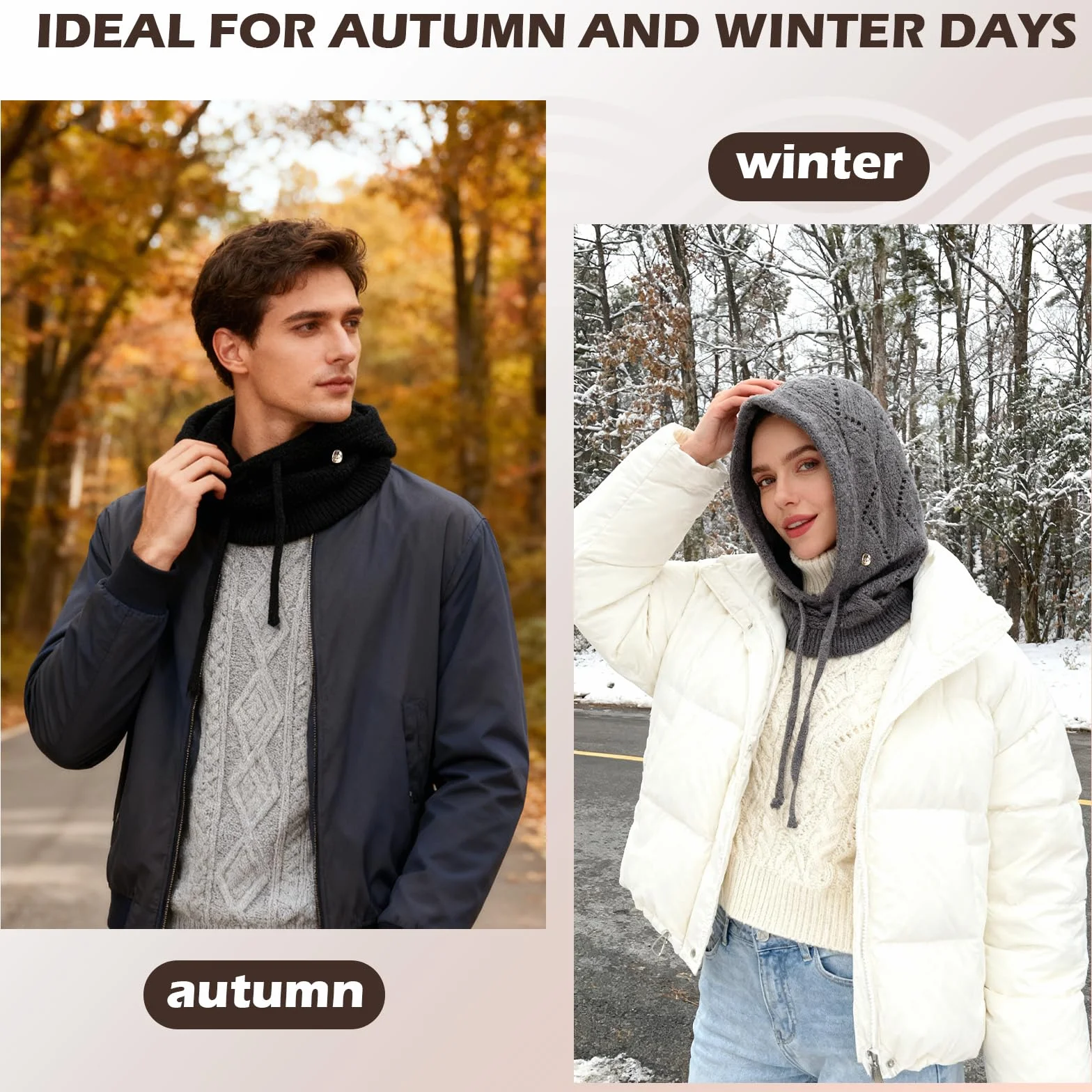Mujer Invierno Gorro de Punto y Bufanda con Capucha, 2 en 1 Térmicos Prueba de Viento Ajustable Pasamontañas, Moda Ocio Pullover Calentador de Cuello para Deportes al Aire Libre Diario Correr