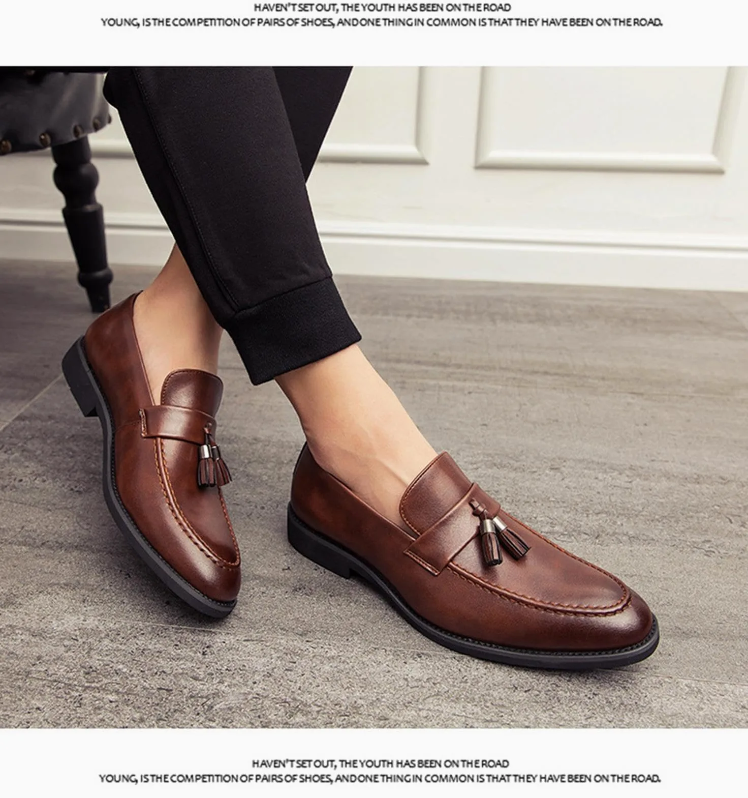 Mocasines Sin Cordones con Borlas De Cuero para Hombre Mocasines De Fumar Clásicos Penny Flats para Vestidos Informales De Negocios Fiesta De Graduación,Marrón,42 EU