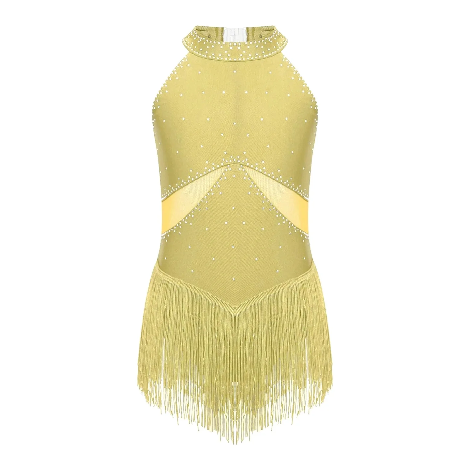 Maillot Patinaje artistico Leotardo con Flecos y Diamantes de imitación for niñas, Vestido de Patinaje artístico, Mono con borlas for Gimnasia, Cha-Cha, Tango, Baile Latino(Yellow,6)