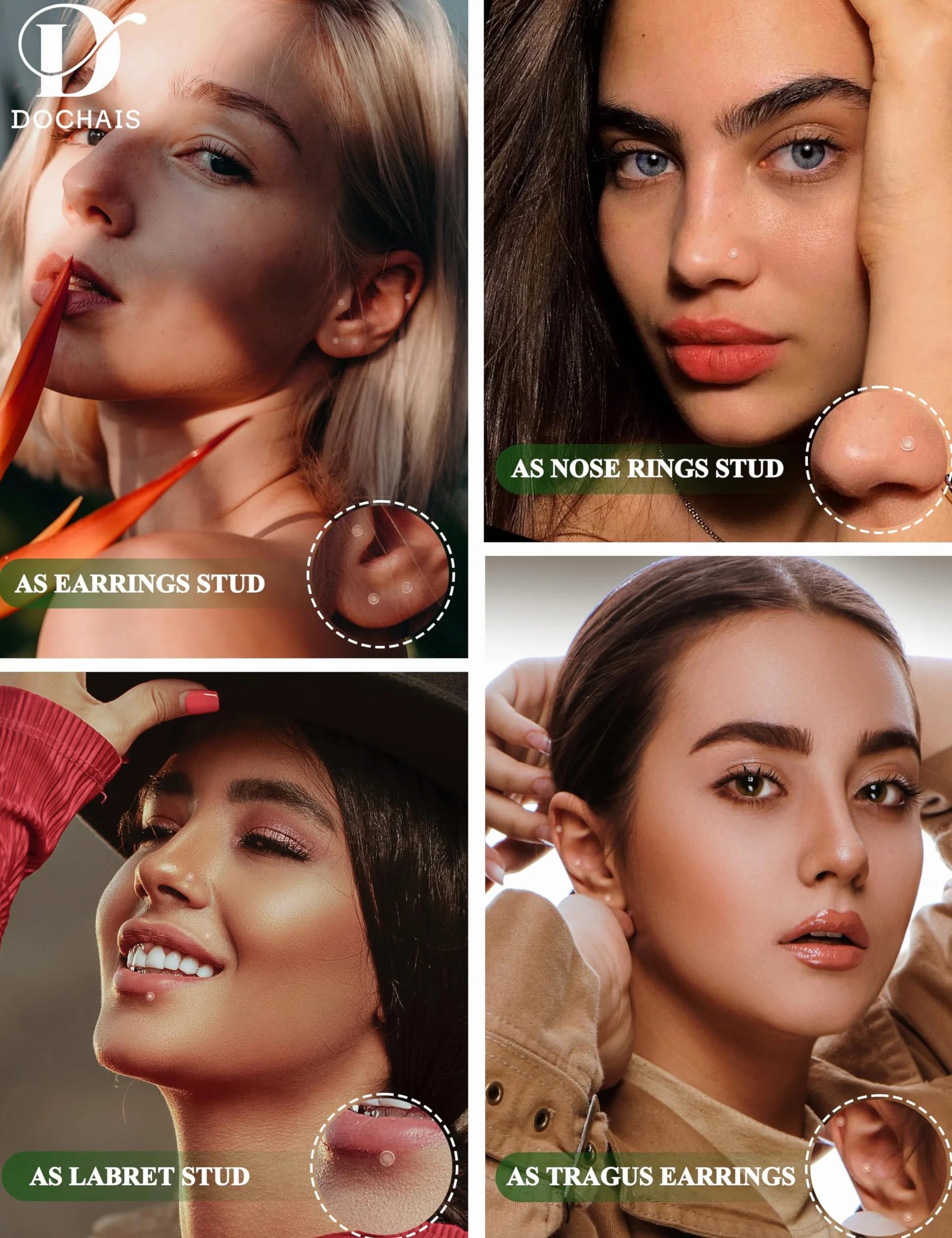 Dochais 18G 16G Transparente Labio Barras Studs Retenedores Acrílico Flexible Nariz Labret Piercing Retenedores Transparente Tragus Hélix Cartílago Piercing Oreja Retenedor 16 Piezas 6mm 8mm 10mm 12mm