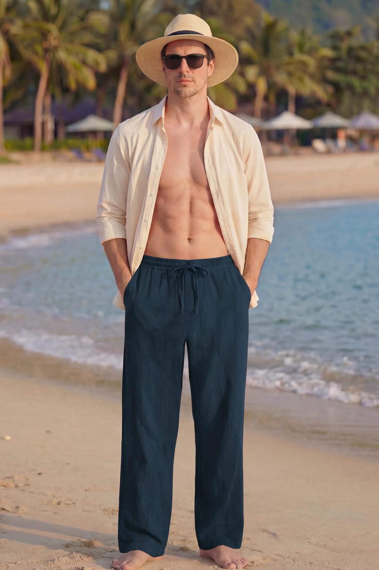 Enlision Pantalones Lino Hombre Verano Cintura Elástica Pantalones de Lino Hombre Casual con Bolsilos Ligeros S-2XL