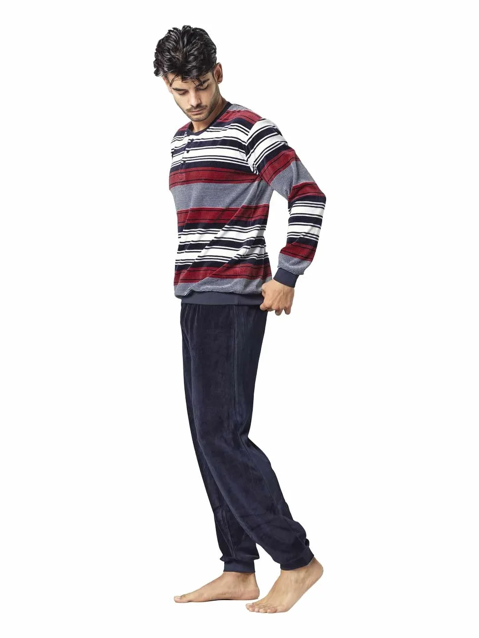 Pijama de Terciopelo para Hombre - Pijama de Terciopelo a Rayas Azules
