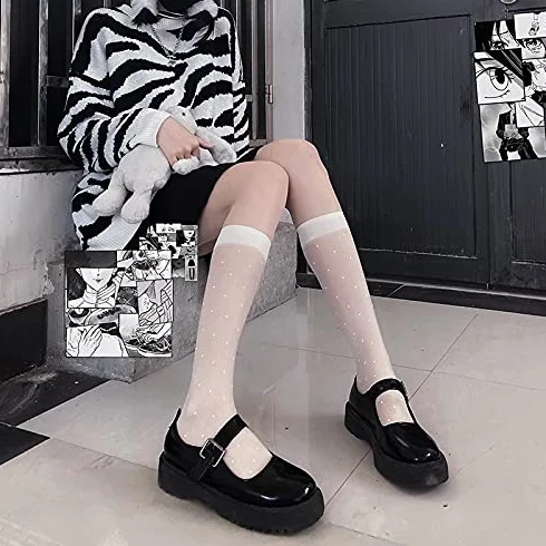 Medias para mujer Medias con estampado de lunares sexy Calcetines hasta la rodilla Medias de rejilla elásticas suaves Calcetines de pierna larga de moda para niñas Negro (estilo blanco A Talla única)