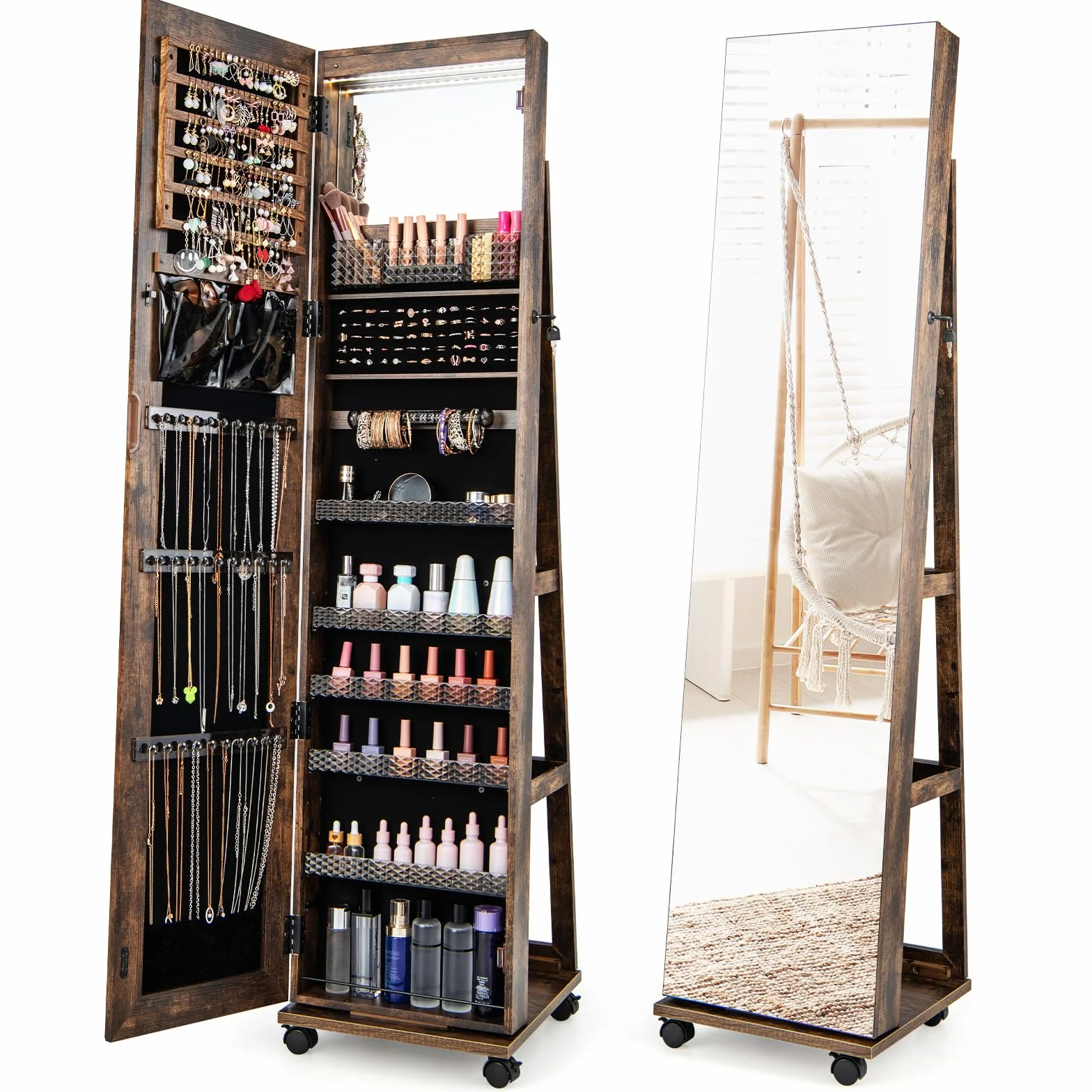 COSTWAY Armario para Joyas, Espejo Joyero de Pie Con Cerradura, Organizador De Joyas Con Espejo de Maquillaje Incorporado, Luces LED De 3 Colores, Estantes Ajustables Y Ruedas Universales (Industrial)