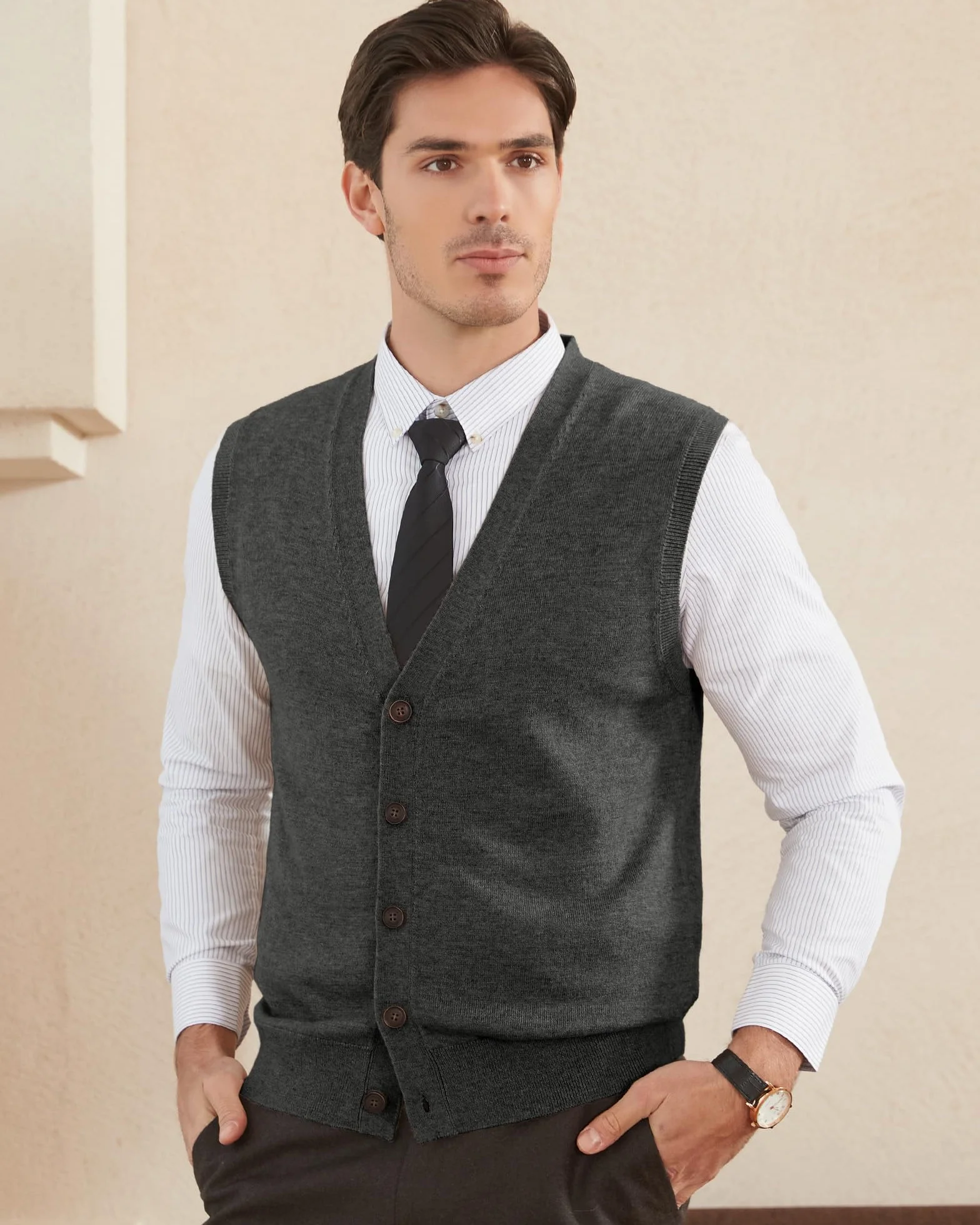 Kallspin Chalecos de Mezcla de Lana para Hombre Cuello en V Chaleco de Punto Cárdigan sin Mangas con Botones