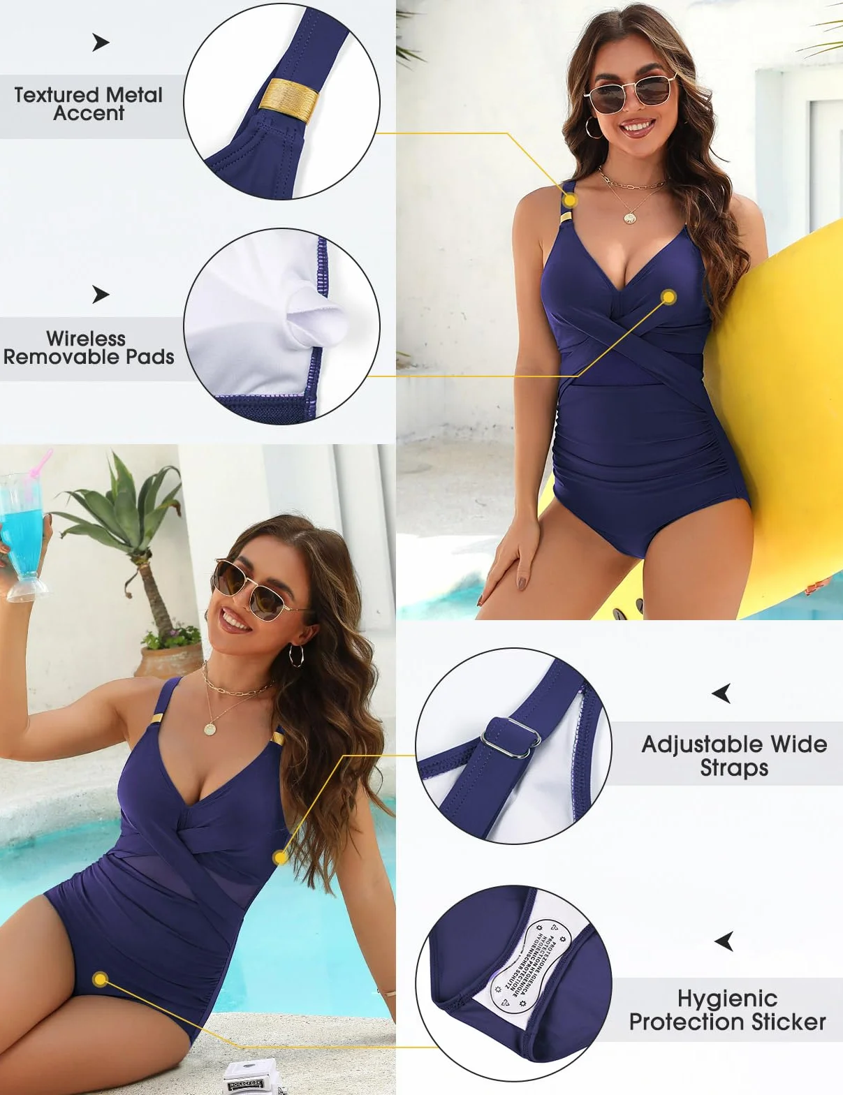 Bañador Mujer Una Pieza Reductor de Vientre Plano Traje de Baño con Fruncido Sexy Cuello en V Talla Grande Ropa de Baño para Verano