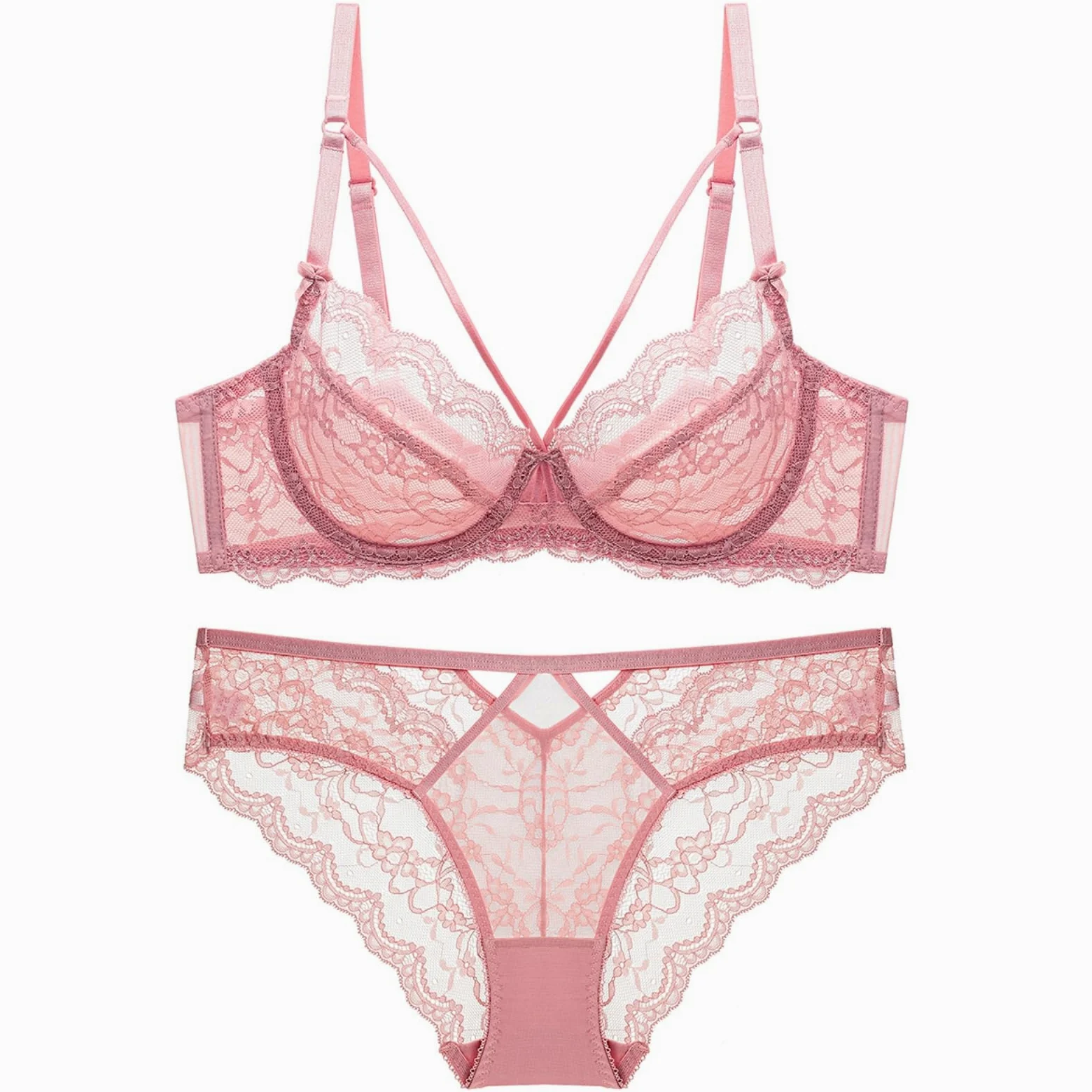 ANTTK - Conjunto de brasier de encaje para mujer, brasier transparente de cobertura completa, brasier push up sin varillas, estilo francés, talla grande, brasier con aros para uso diario