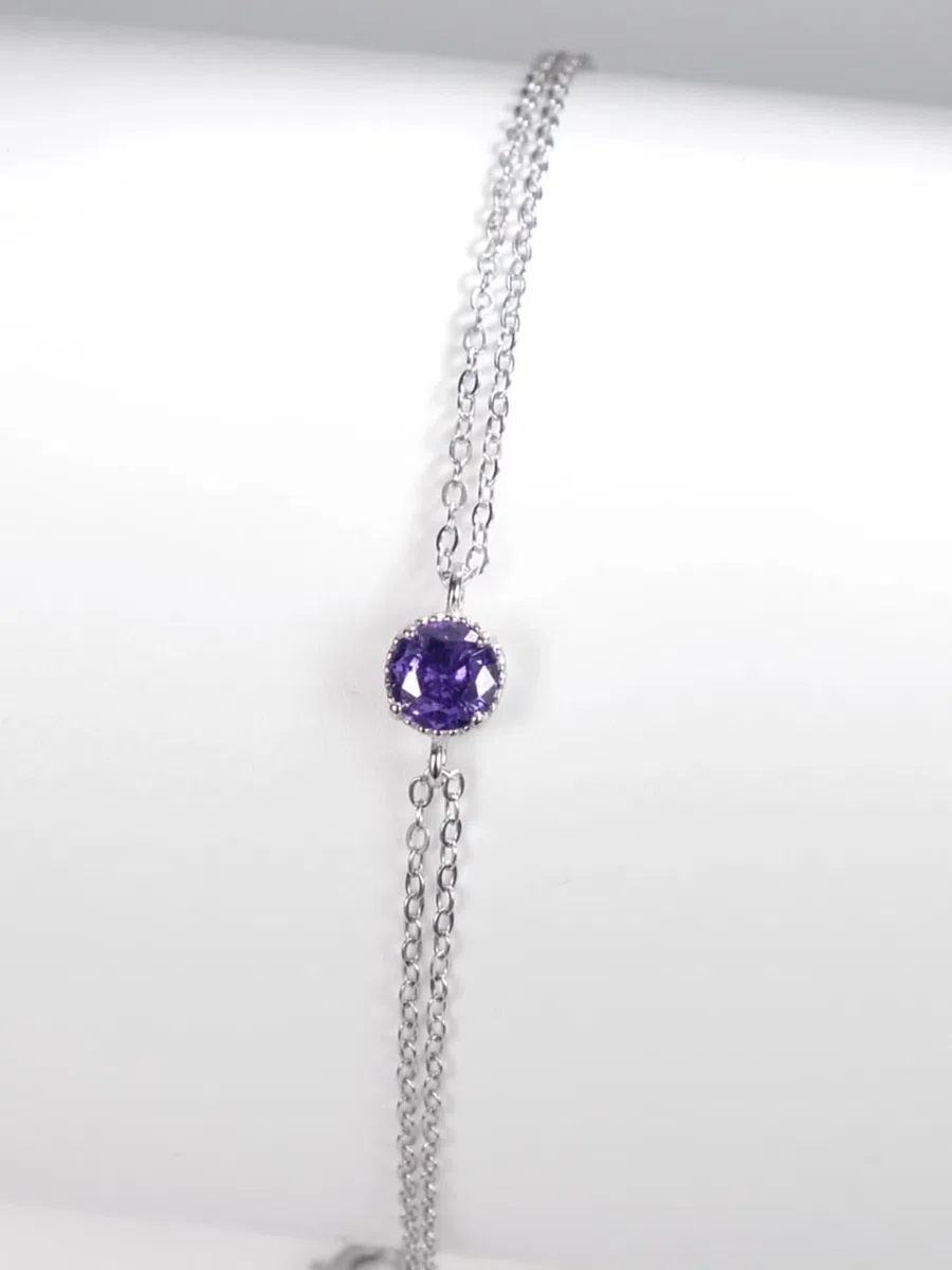 Pulseras para mujer, pulsera de cadena para mujer, cadenas de doble capa con amatista redonda y oro blanco de 0,5 quilates