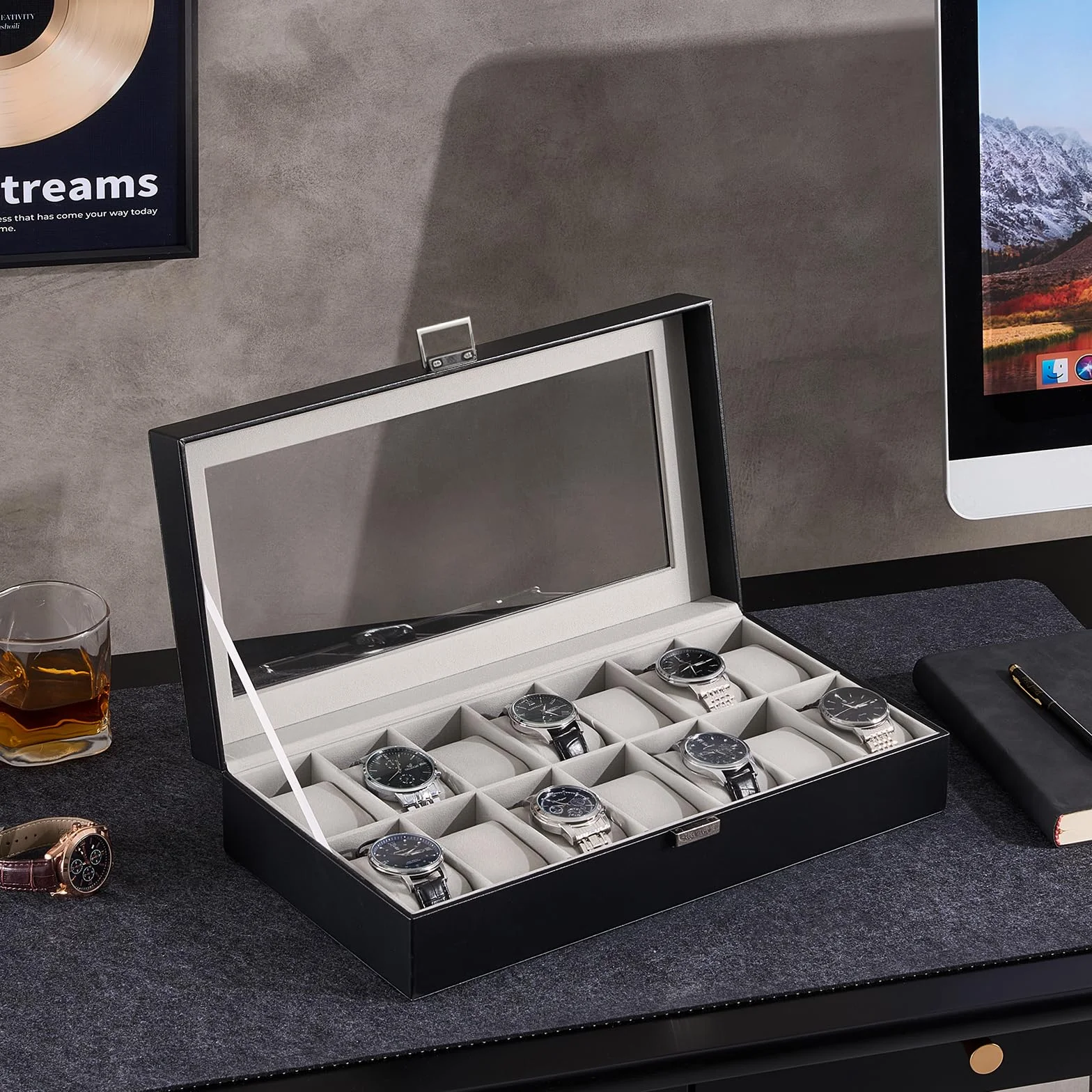 ProCase Caja Organizadora de Relojes 14 Ranuras, Estuche Joyero con Tapa de Cristal, Vitrina de Almacenamiento para Relojes, Pulseras y Joyas, Regalo Elegante para Hombres y Mujeres – Negro
