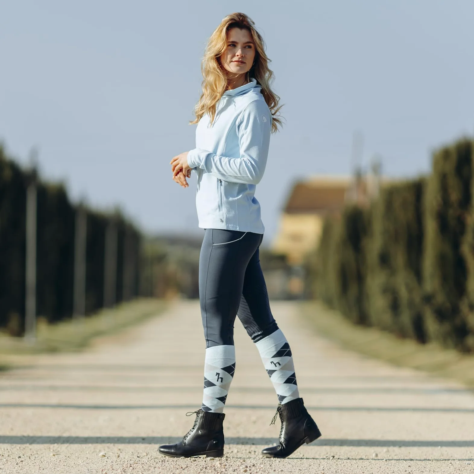 HORZE Mallas de Equitación Funcionales con Refuerzo de Rodilla y Cintura Trasera Alta para Mujer Nicki, Azul, 36