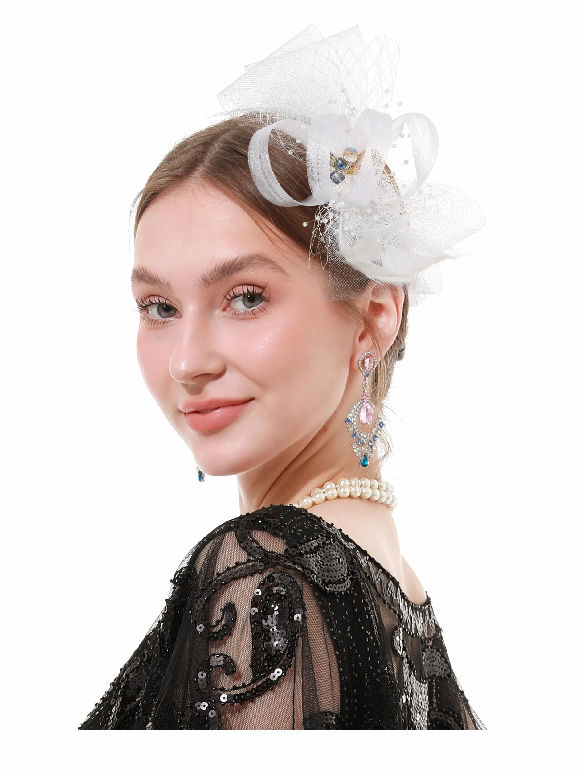 soul young Tocado para mujer, sombrero de boda, fiesta de té, tocado real Ascot, plumas, malla, hatinador, cóctel, diamantes de imitación, blanco, S-3XL