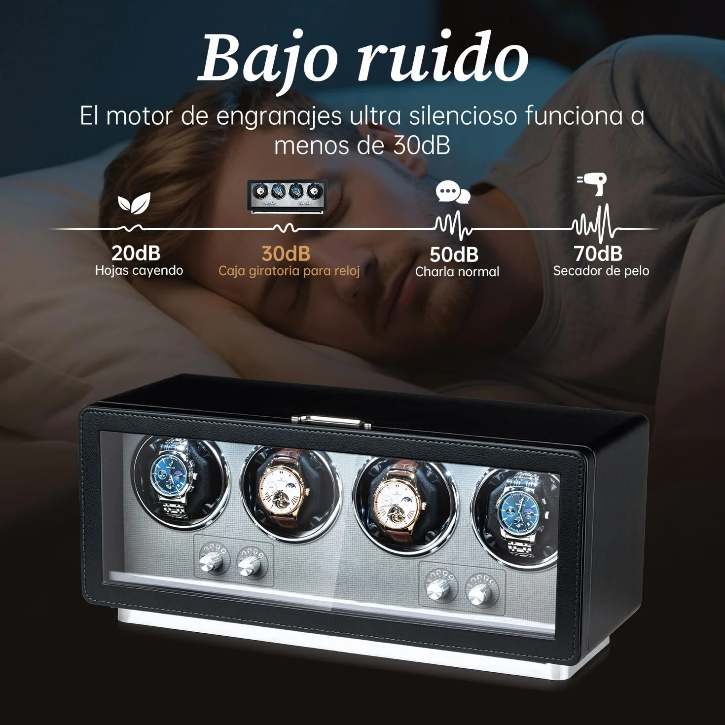 Mcbazel Automática Rectangular Piel sintética Caja enrolladora para 4 Relojes Motor ultrasilencioso 4 diales Pantalla LED 4 Modos rotación Negro