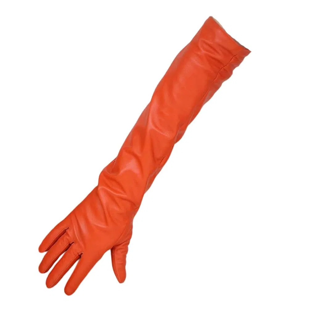 Guantes largos de piel auténtica naranja para mujer, de piel de oveja, por encima del codo, talla personalizada, cálidos, estilo ópera de invierno