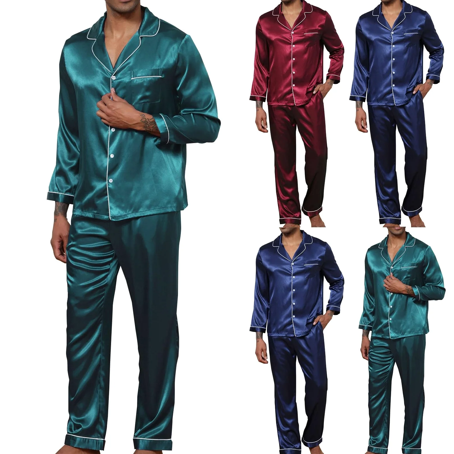 Conjunto de pijama liso para hombre, conjunto de pijama con botones para hombre, ropa de dormir texturizada para novio, ajuste clásico, con botones, ropa de dormir básica con solapas, camisa ligera