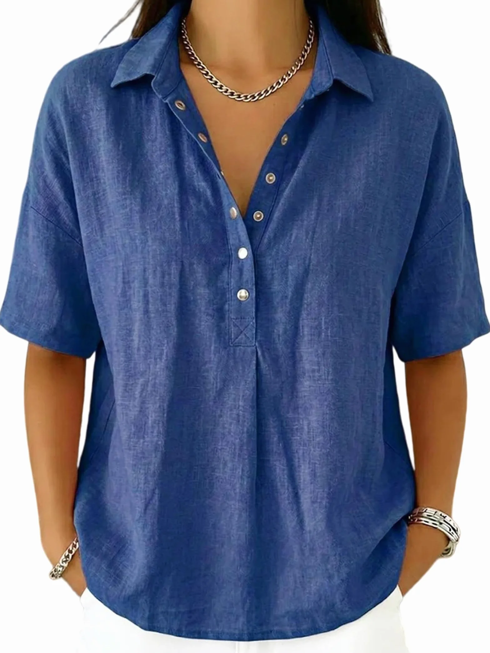 Polos de Lino para Mujer, Blusas de Manga Corta con Botones, Moda Verano 2026