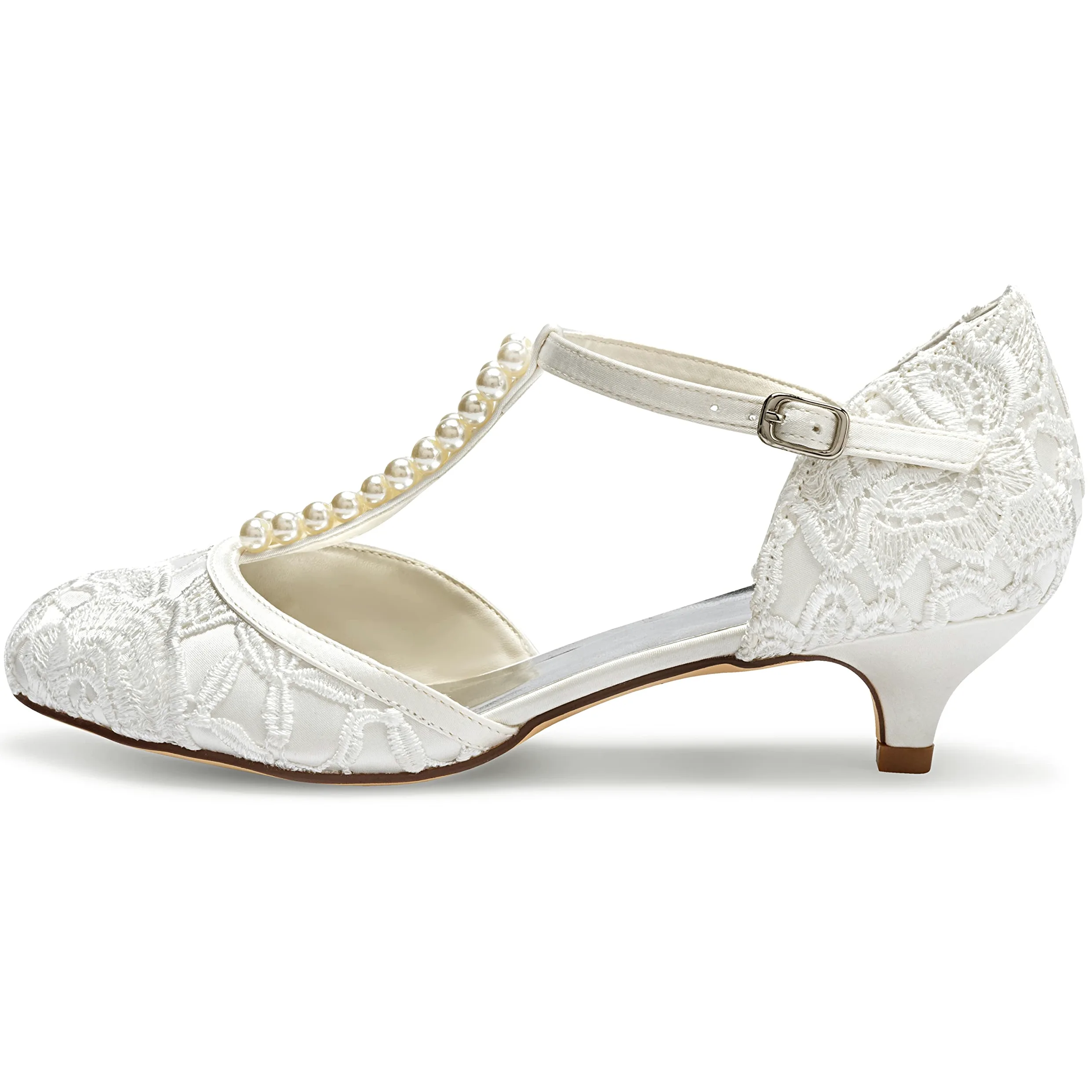 JIAJIA Zapatos de Novia de Las Mujeres 01129 Cerrado Dedo del Pie Correa en T Bajo Talón Satén de Encaje Bombas de Imitación Zapatos de Boda