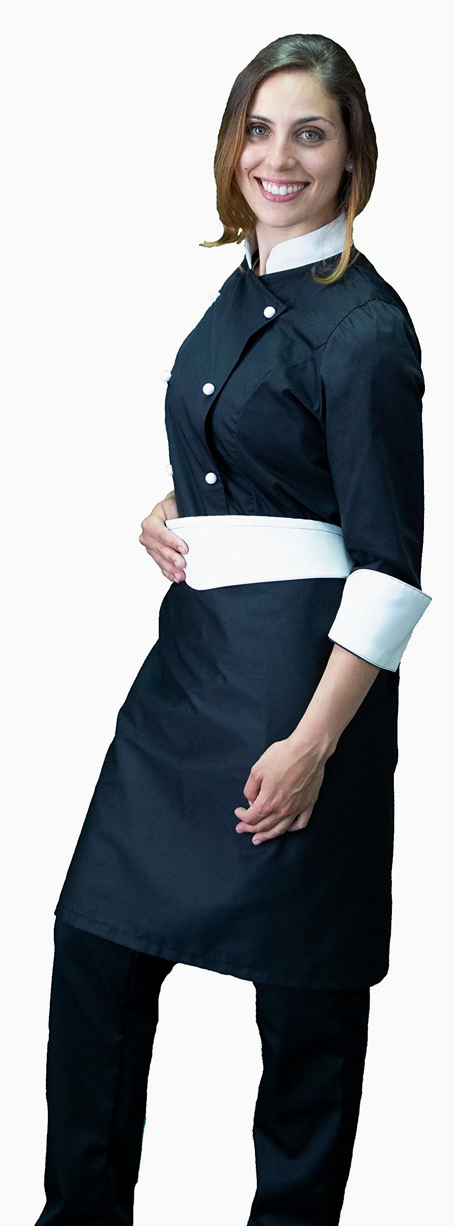 Bordado gratuito – Conjunto de cocinero de cocina – negro y crema – uniforme de chef mujer – Pantalón, chaqueta y delantal – Fabricado en Italia Negro y crema, Mujer L