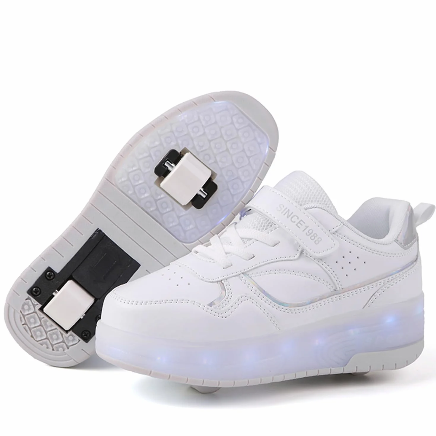 Zapatillas con Ruedas con Luces Patines USB Automática Calzado Skateboarding Niño Niña Blanco 29EU