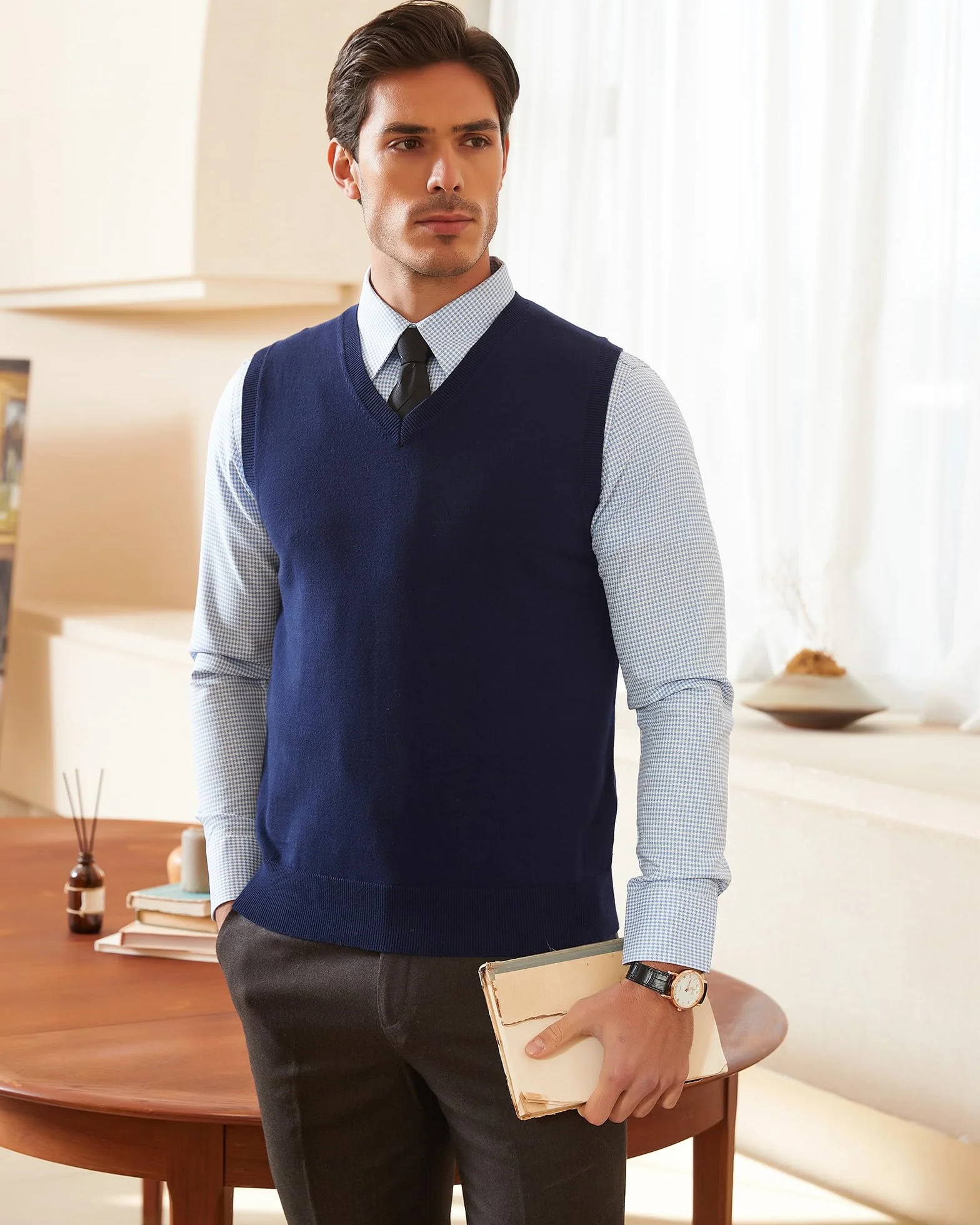 Kallspin Hombres de Algodón sin Mangas Jerseys Cuello en V de Punto Chalecos Suéter Chaleco Corte Relajado Pullover