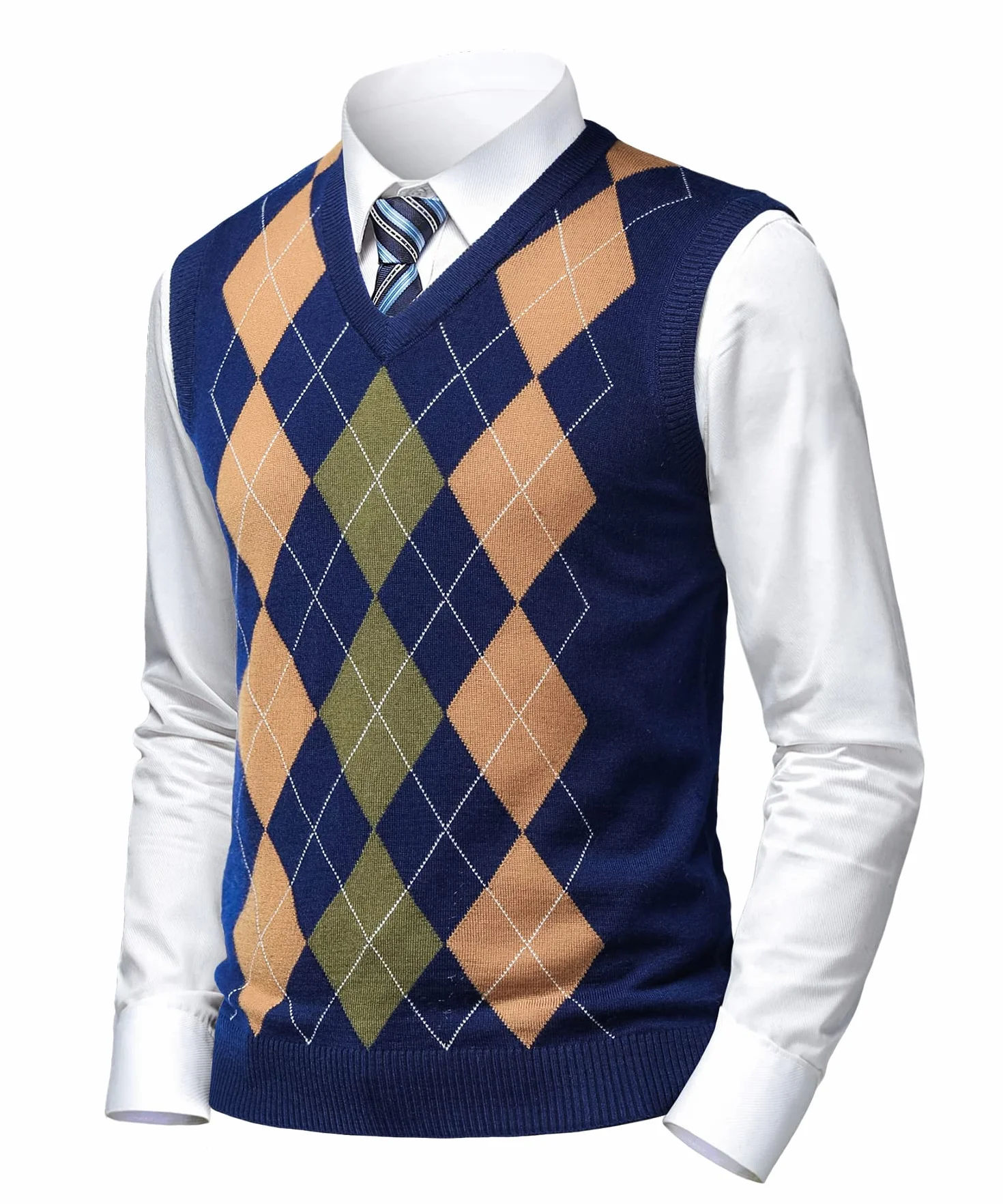 Suéter Chaleco V-Cuello para Hombre Patrón de Diamante Jersey de Cárdigan Lana sin Mangas Cuadros Chaqueta De Punto Jerséis de Invierno Otoño