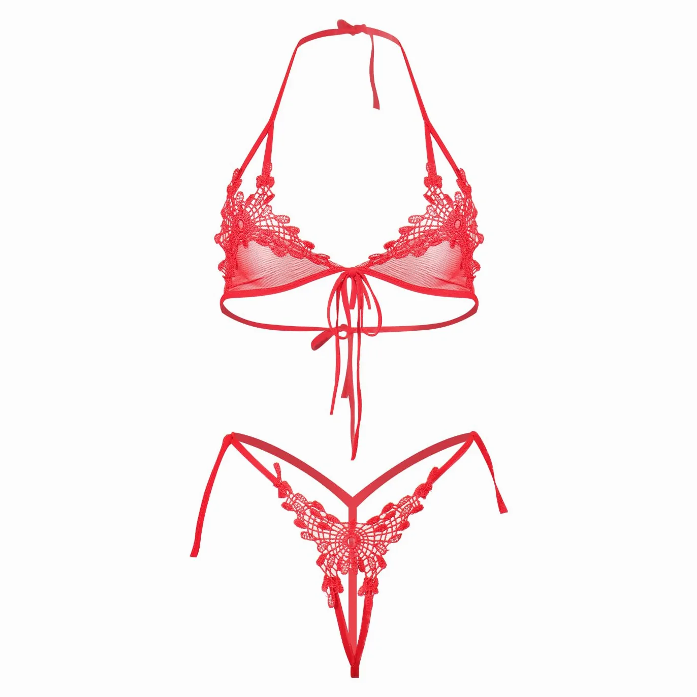 QHQQXN Conjunto de lencería Transparente, Sujetador y Panty de Malla Bordada de Dos Piezas, Top Halter con Tiras, Ropa Interior de Hilo pequeño Entrecruzado para Fiesta en la Playa y Club