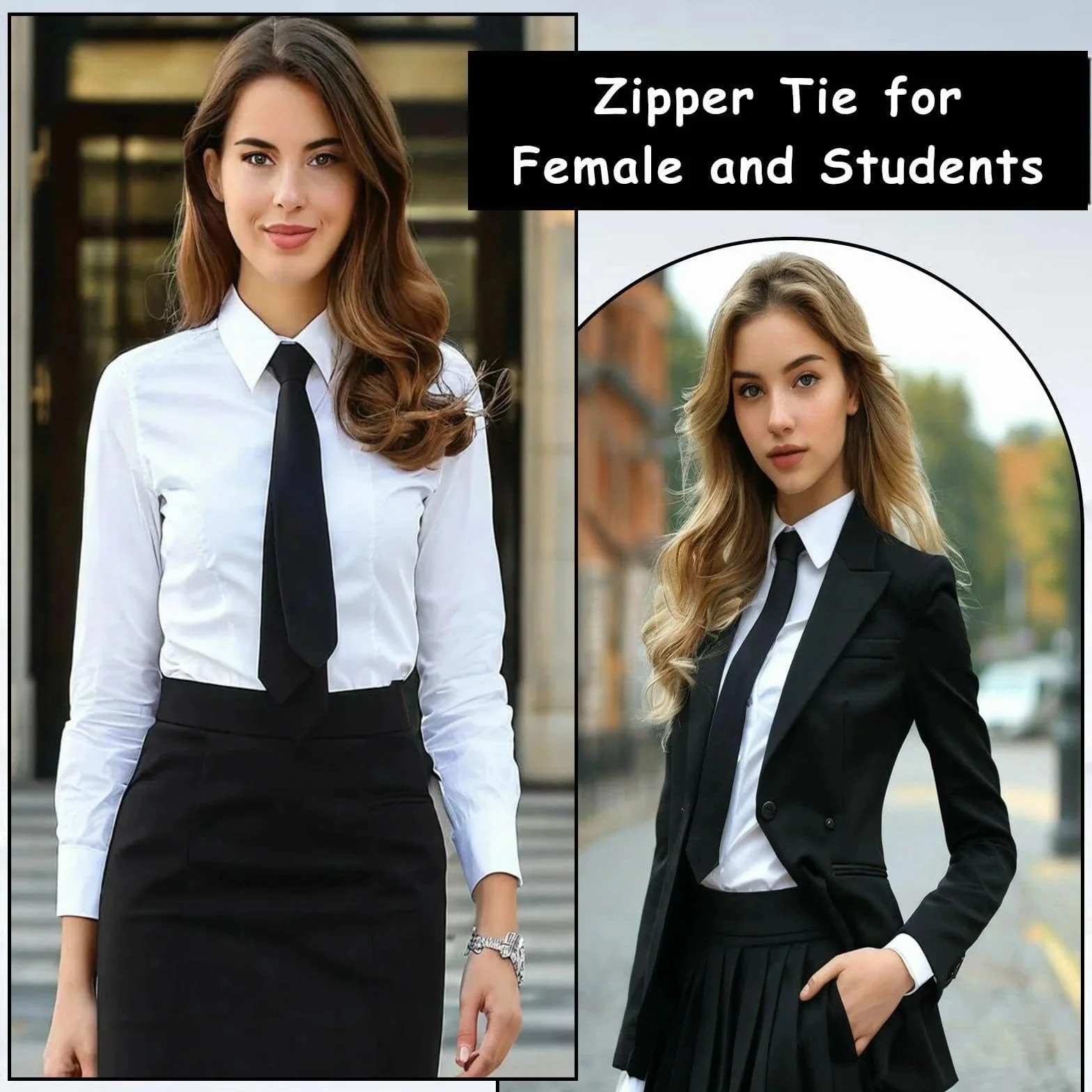 Corbata negra para mujer, corbatas preatadas de 38 cm, ajustables con cremallera, uniforme JK, para graduación y bodas