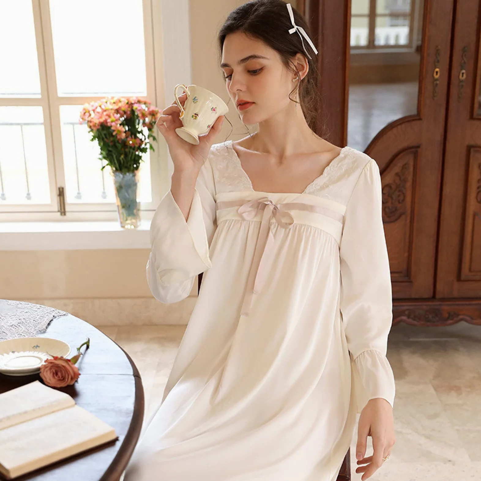 OFFSUM Camisón De Pijama De Mujer - Primavera Verano Cuello Cuadrado Satén Camisón Elegante Bowknot Dulce Vestido Estilo Chino Color Sólido Camisón Ropa
