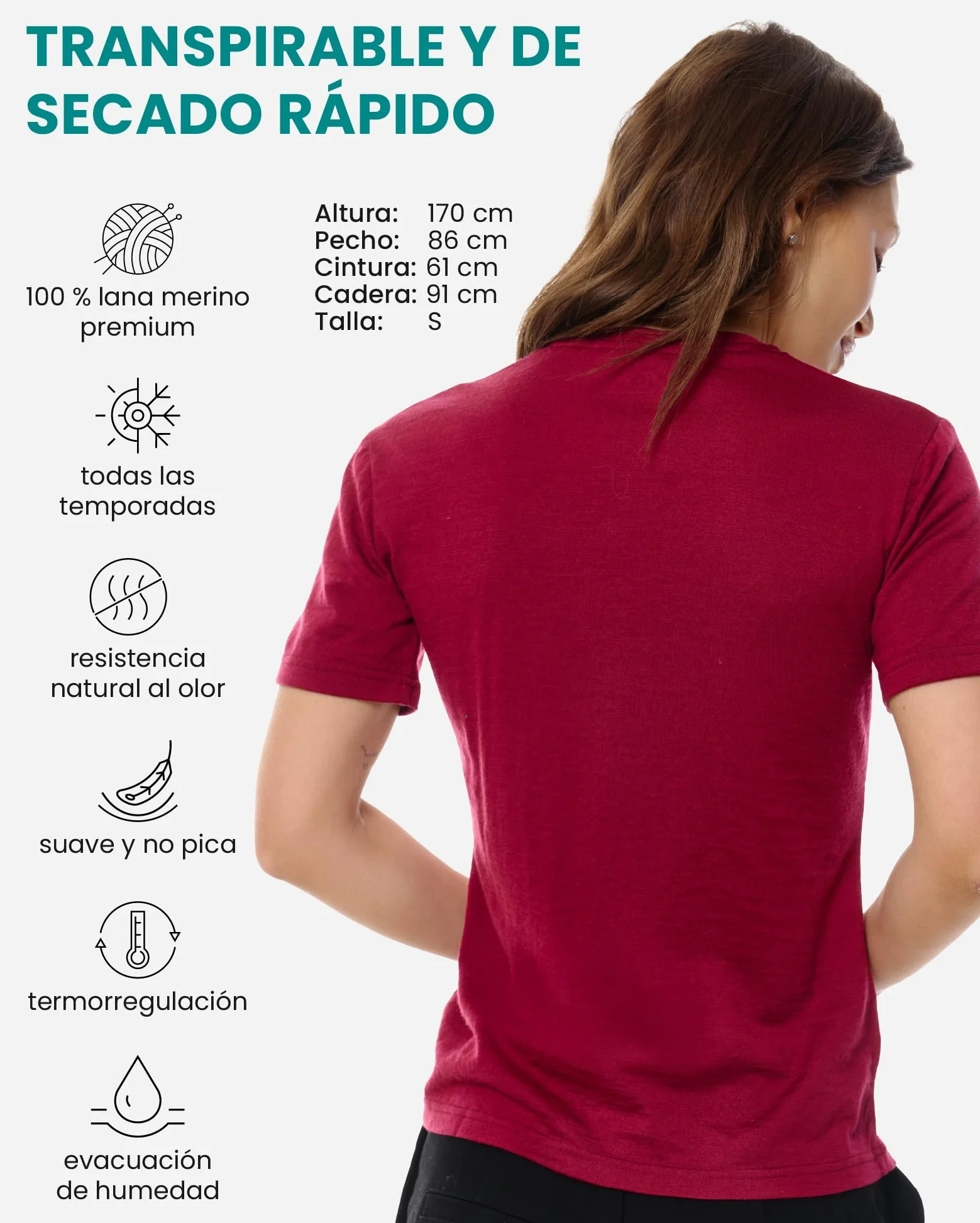 Merino.tech Camiseta Termica Lana Merino Mujer - Ropa Interior Base Layer 100% Lana Merino para Mujer (Large, Dark Red Crewneck)