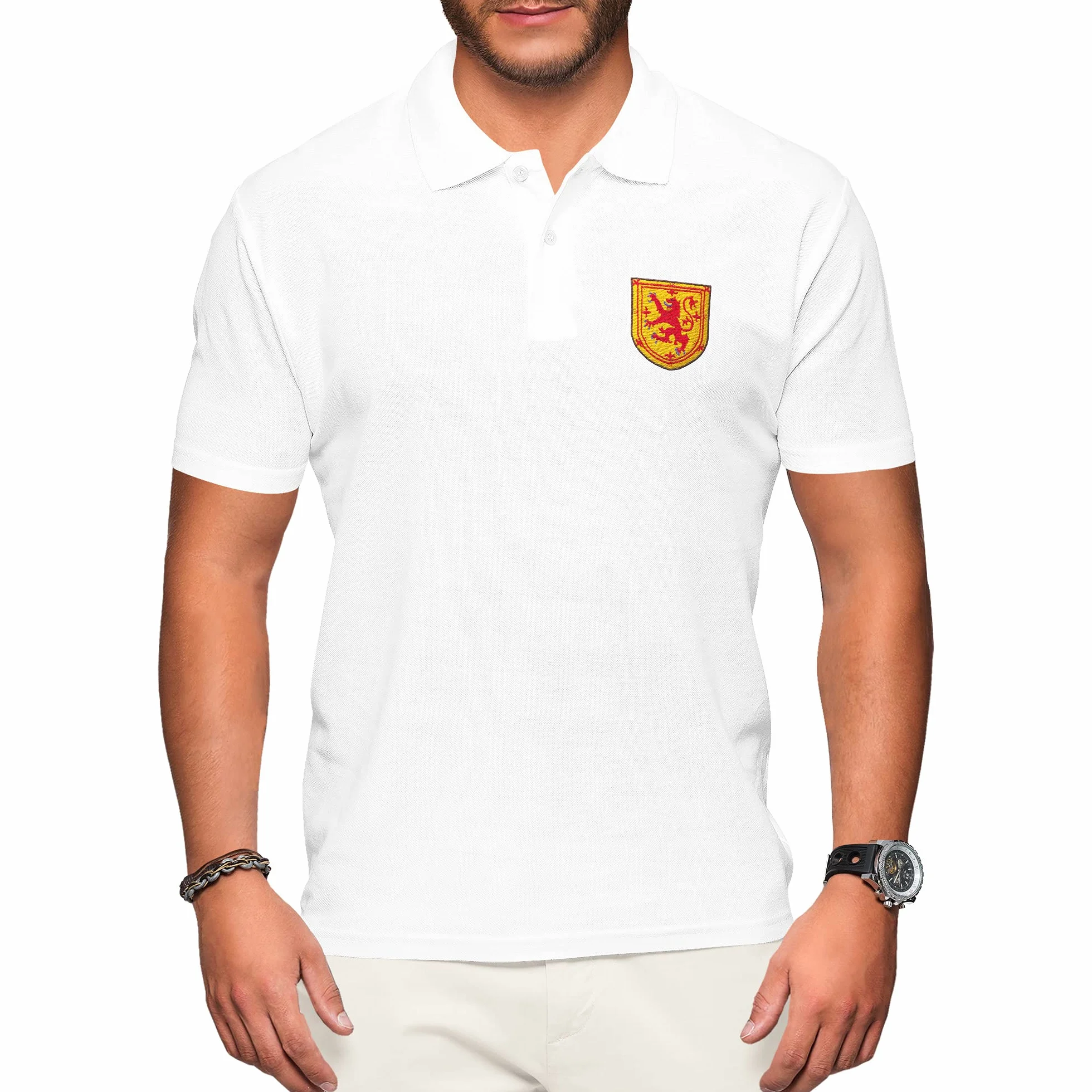 Purple Print House Polo de Escocia para hombre, camiseta de fútbol 2021, retro, para aficionados, rugby, algodón, escudo bordado, insignia del león real