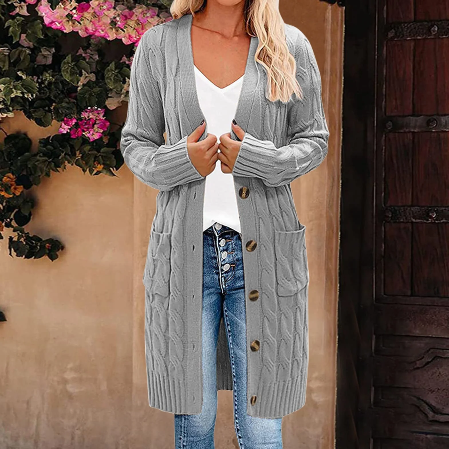 Chaqueta de punto larga para mujer con botones, abrigo de punto grueso con bolsillos, abrigo de punto largo con bolsillos, abrigo de punto de manga larga para otoño, entretiempo, chaqueta gruesa