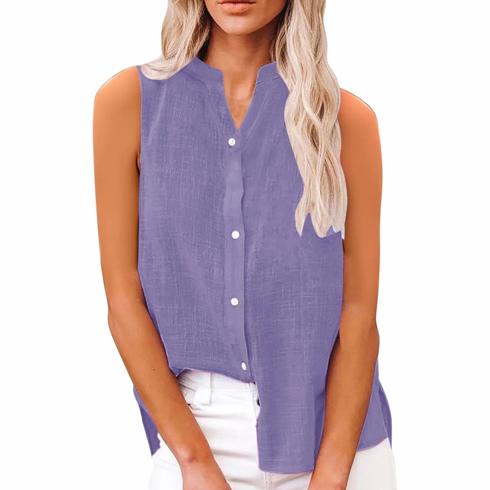 Camisa sin Manga Mujer Algodón Lino Verano Camisetas de Tirantes Blusa Moda Color sólido Casual Chaleco Ligero Transpirable Tank Tops Cuello en V Botones Fiesta Playa Camisa Suelto tee 2025
