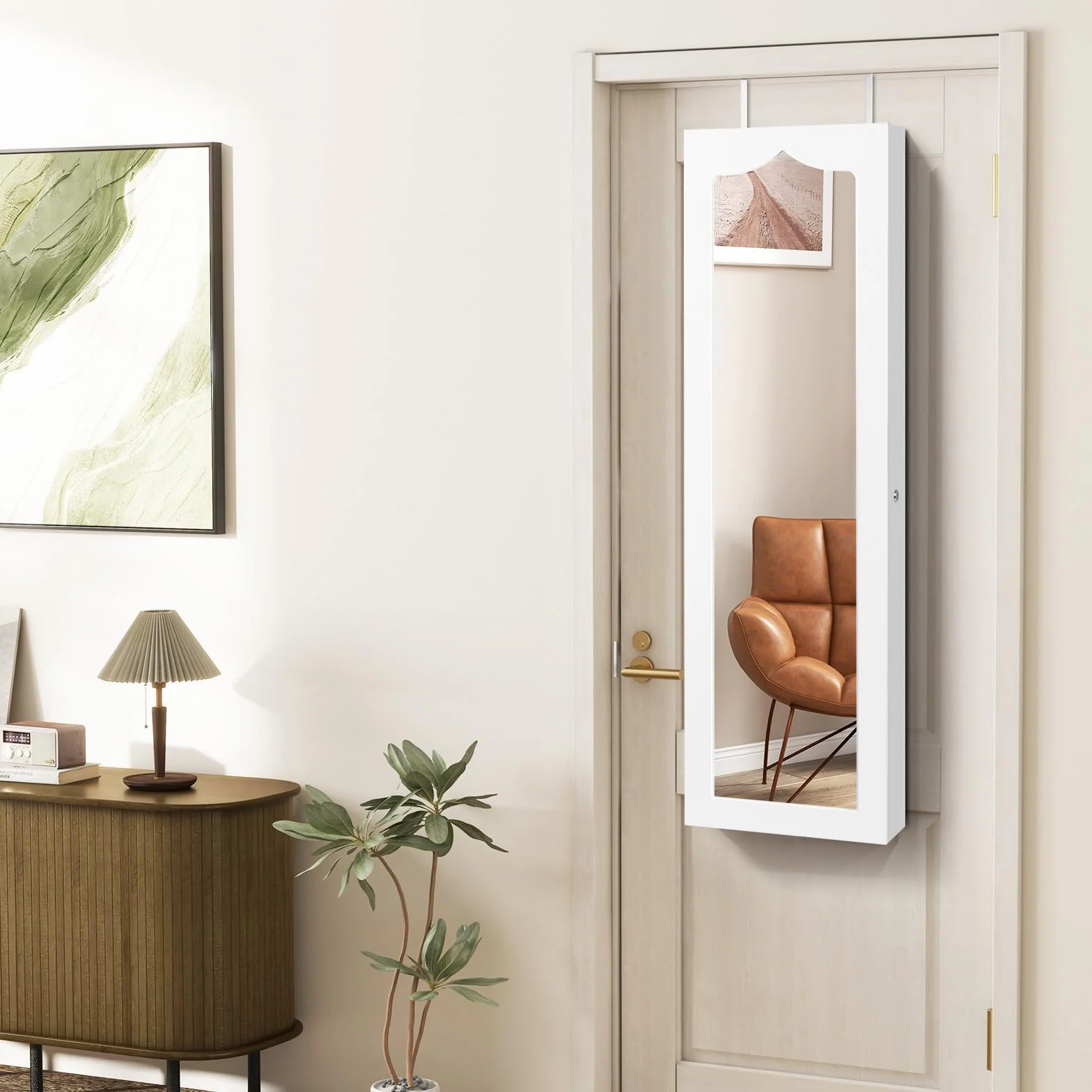 GIANTEX Armario de Joyas con Espejo de Cuerpo Entero, Armario Joyero con Cerradura y 5 LED, Montado en la Pared o en la Puerta, 36,5x11,5x120cm, para Pendientes, Anillos, Collares y Pulseras, Blanco