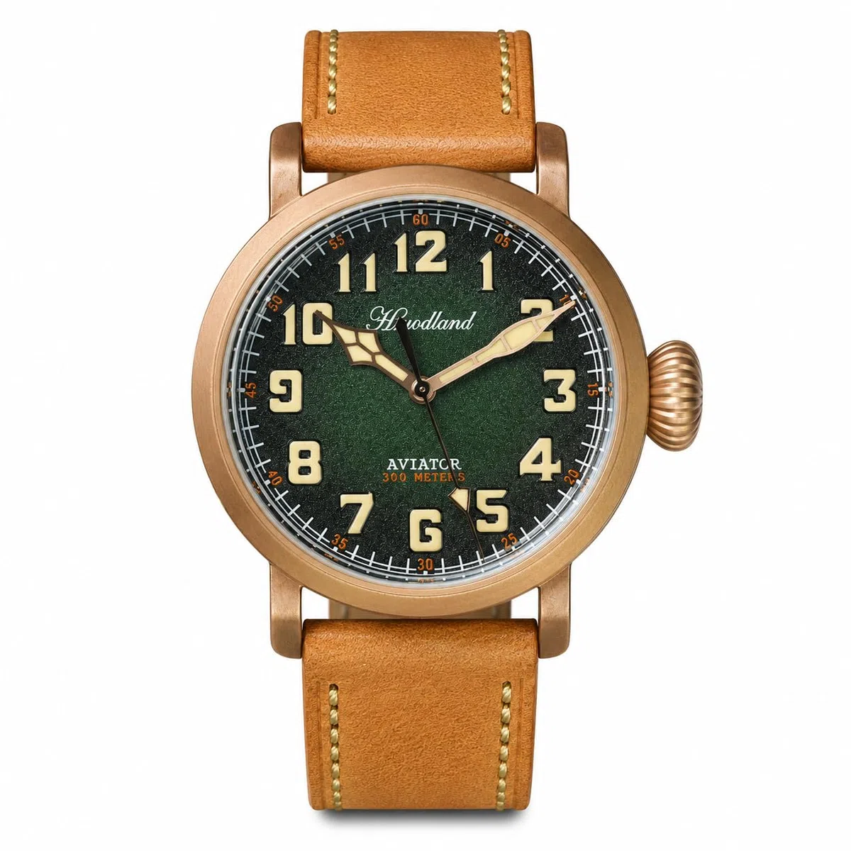 Reloj Automático para Hombre con Diseño Piloto Vintage, Caja de Bronce, Corona Cebolla, Cristal de Zafiro - Movimiento Automático PT5000, Luz Nocturna C3, Cuero Vegetal, 300M Resistente al Agua
