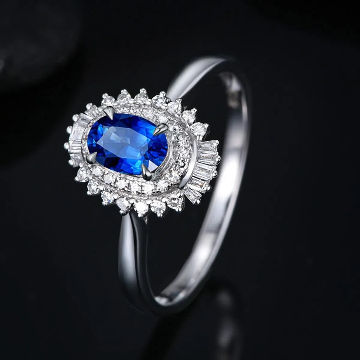 Anillos Oro Blanco, Anillos Mujer Vintage Stein Doble Mutilin de Lujo 18K Zafiro para Esposa Novia Ajuste Cómodo