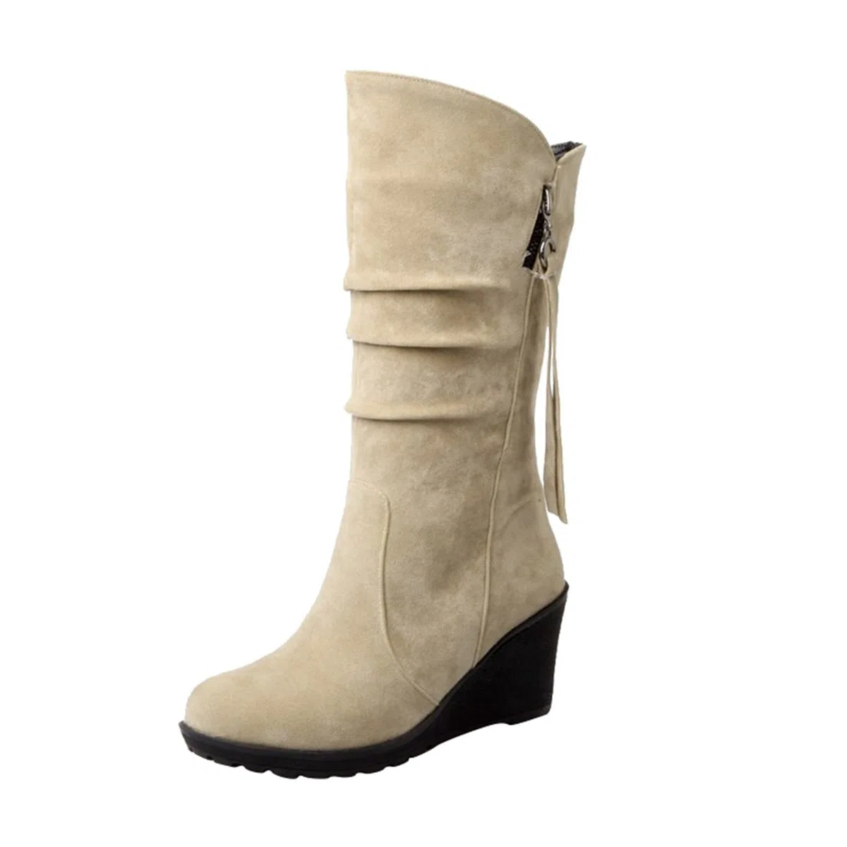 Generisch Botas de equitación de invierno para mujer 2022 Casual Tacón de cuña Frosted Cremallera lateral Decorativa Punta redonda Botas medianas de felpa