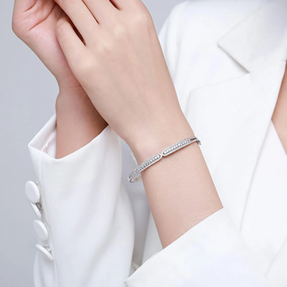 Pulsera Oro Blanco 9K / 14K / 18K Mujer, Redondo con Moissanita, Cadena 16 CM, Pulsera para Mujer de Plata