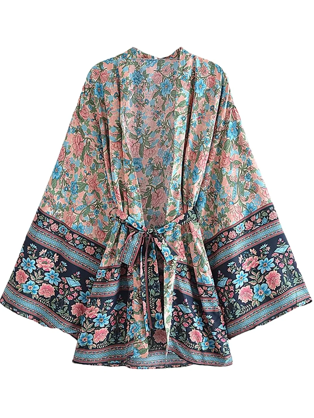 Disimlarl Kimono bohemio de algodón con estampado floral para mujer, mangas murciélago, bata corta para cubrir el bikini